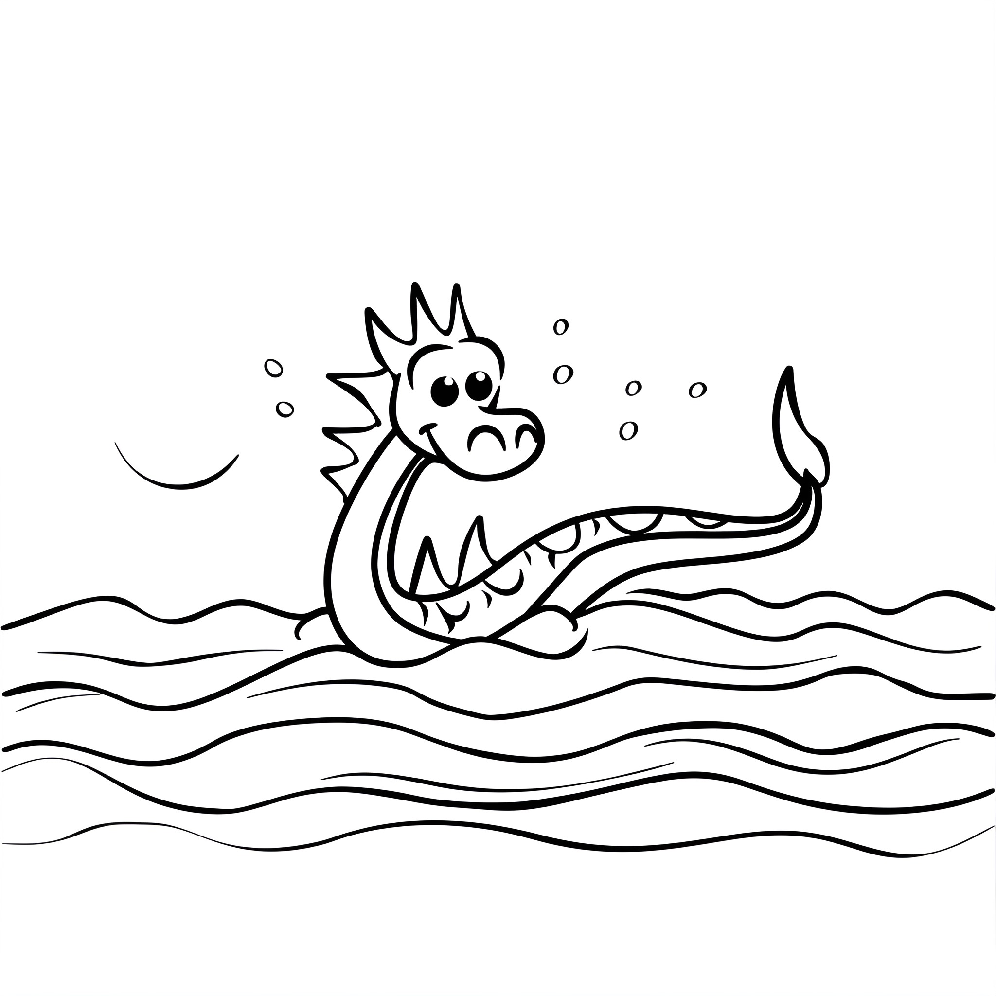 Dragon swimming playfully in the ocean Drawing Idea (free black-and-white line drawing printable PDF for all, from beginners to advanced learners, including children, teens, adults, and seniors)