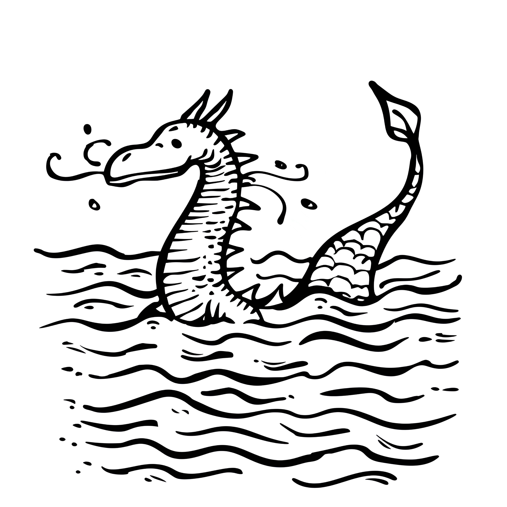 Dragon swimming through wavy seas Drawing Idea (free black-and-white line drawing printable PDF for all, from beginners to advanced learners, including children, teens, adults, and seniors)