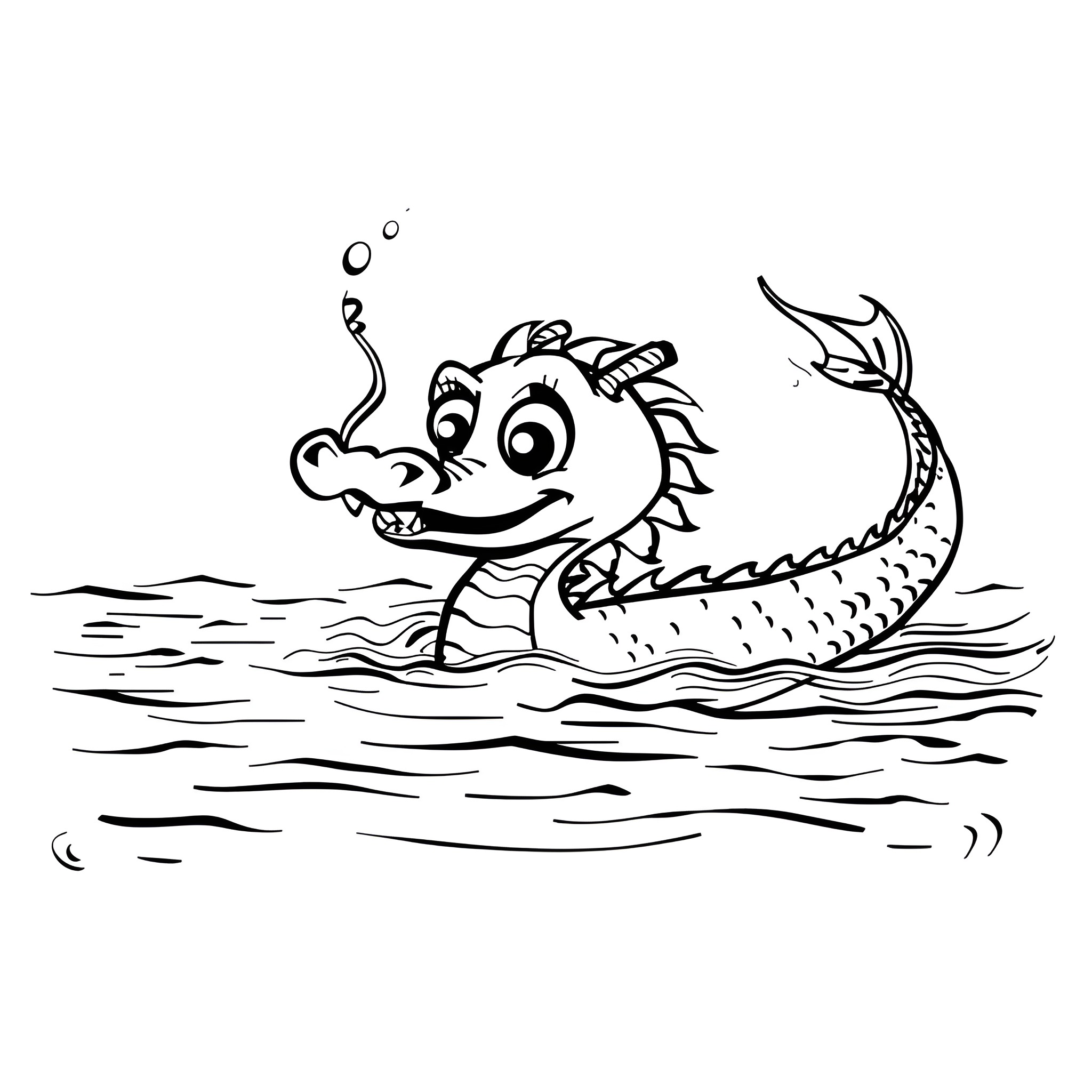 Dragon swimming playfully in water Drawing Idea (free black-and-white line drawing printable PDF for all, from beginners to advanced learners, including children, teens, adults, and seniors)