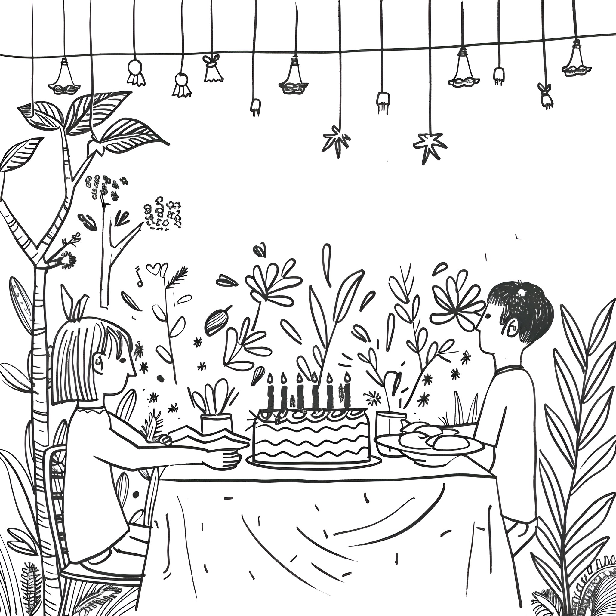 Happy Birthday celebration with friends and cake Drawing Idea (free black-and-white line drawing printable PDF for all, from beginners to advanced learners, including children, teens, adults, and seniors)
