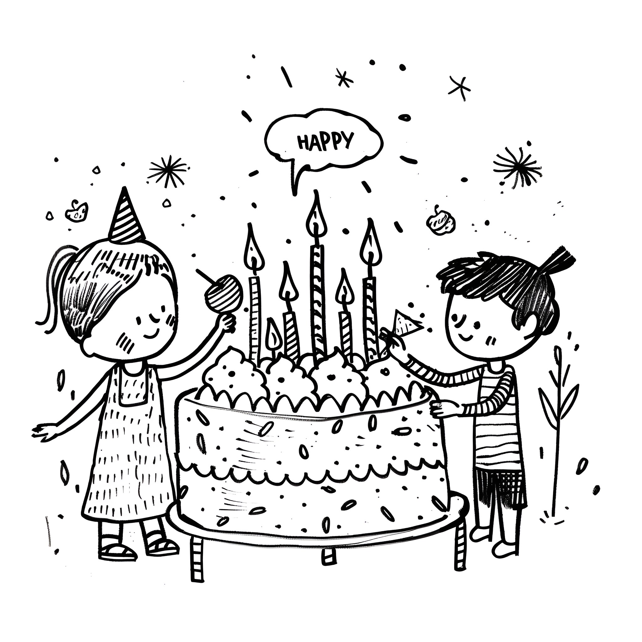 Happy Birthday children celebrating with cake Drawing Idea (free black-and-white line drawing printable PDF for all, from beginners to advanced learners, including children, teens, adults, and seniors)
