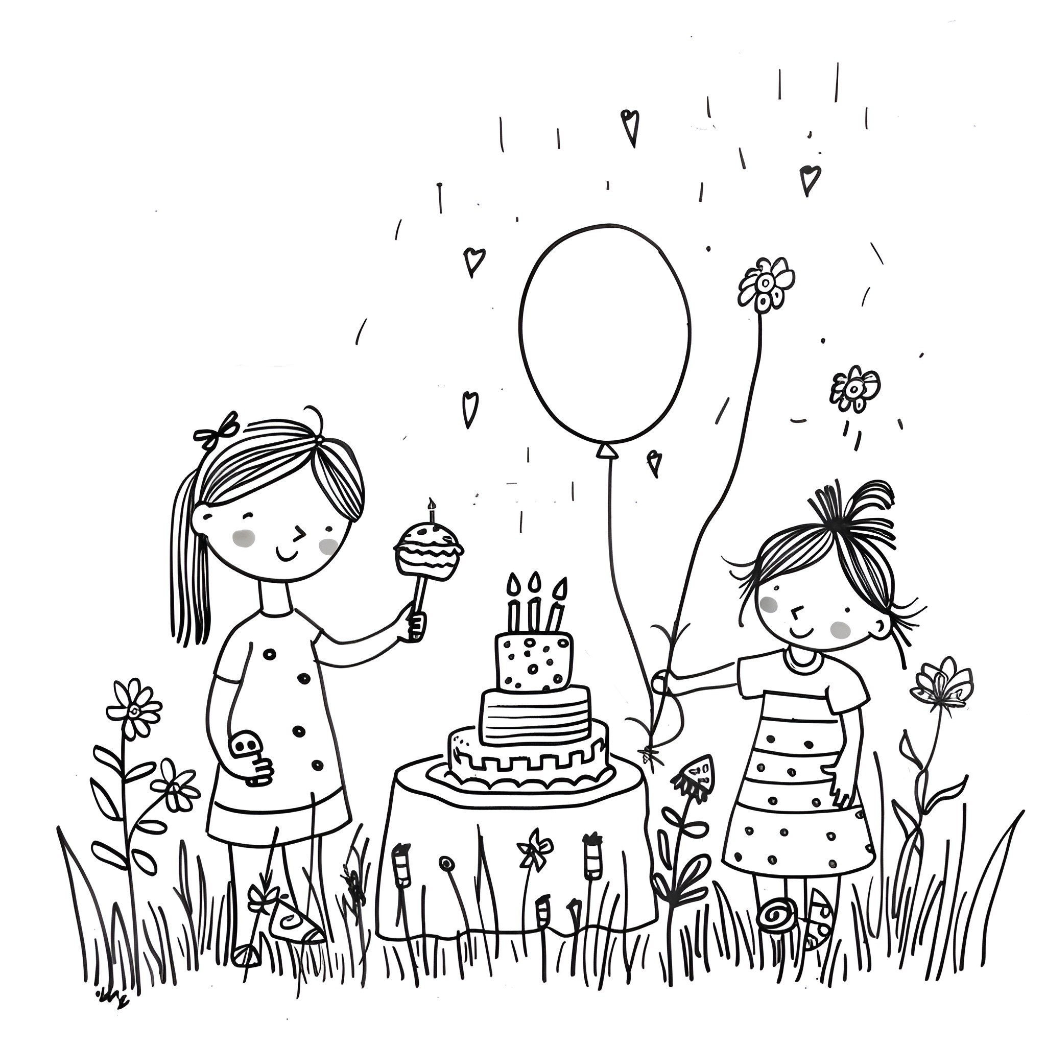 Happy Birthday party with cake and balloons Drawing Idea (free black-and-white line drawing printable PDF for all, from beginners to advanced learners, including children, teens, adults, and seniors)