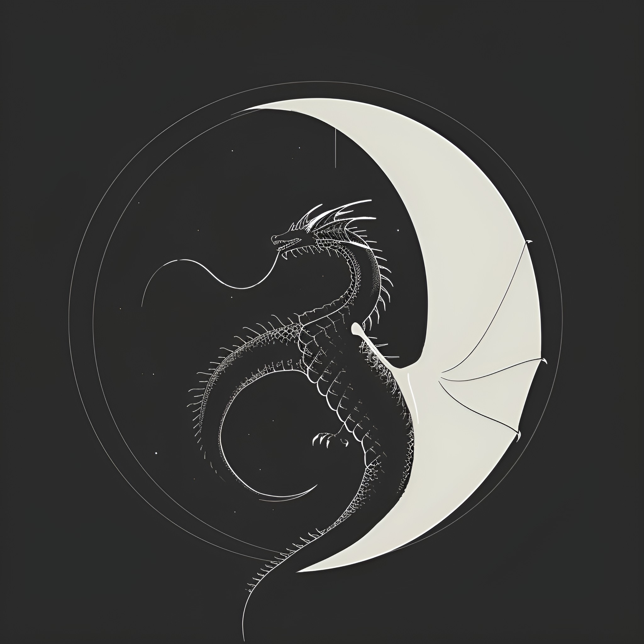 Dragon Silhouette Entwined with Crescent Moon Drawing Idea (free black-and-white line drawing printable PDF for all, from beginners to advanced learners, including children, teens, adults, and seniors)