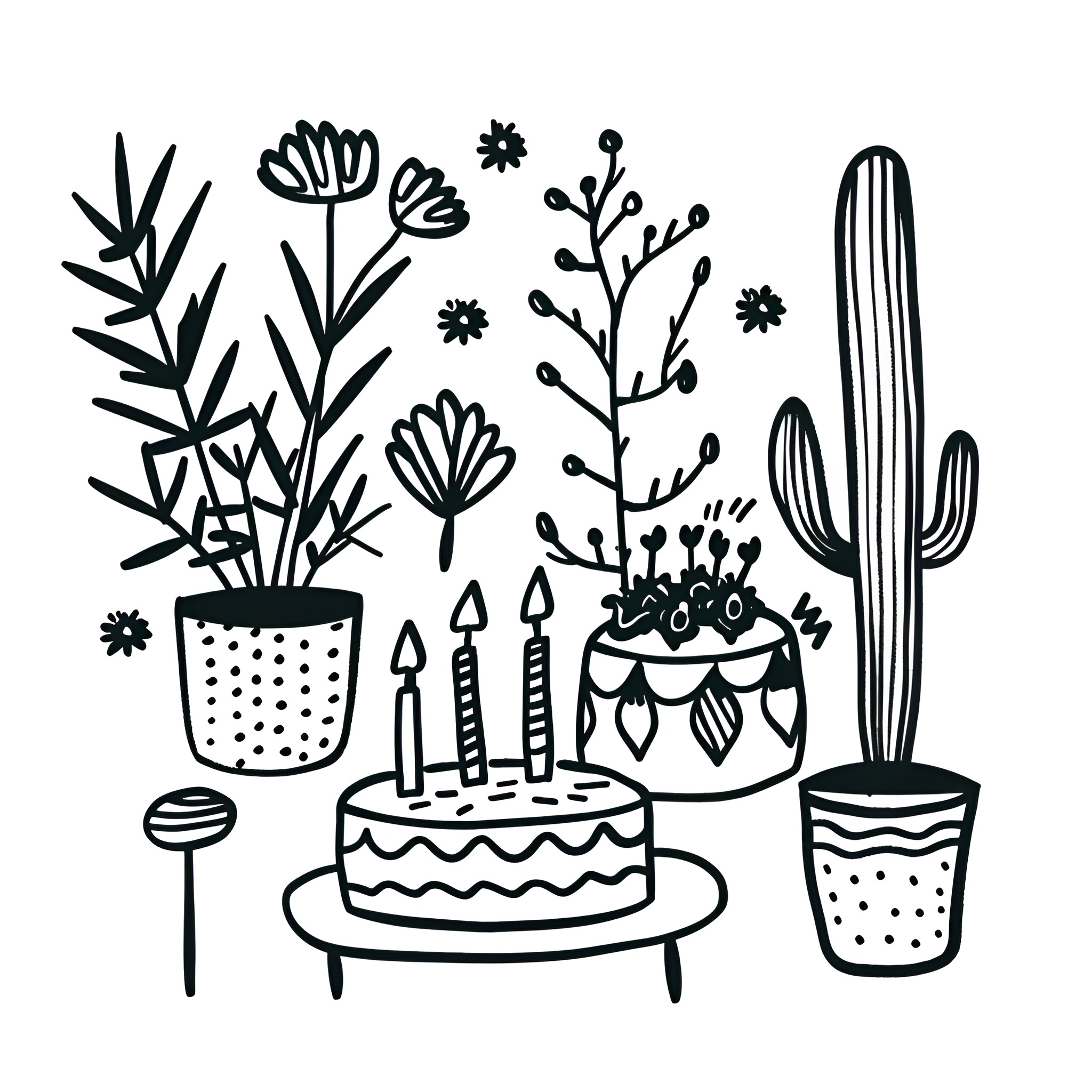 Happy Birthday with flowers and cake Drawing Idea (free black-and-white line drawing printable PDF for all, from beginners to advanced learners, including children, teens, adults, and seniors)
