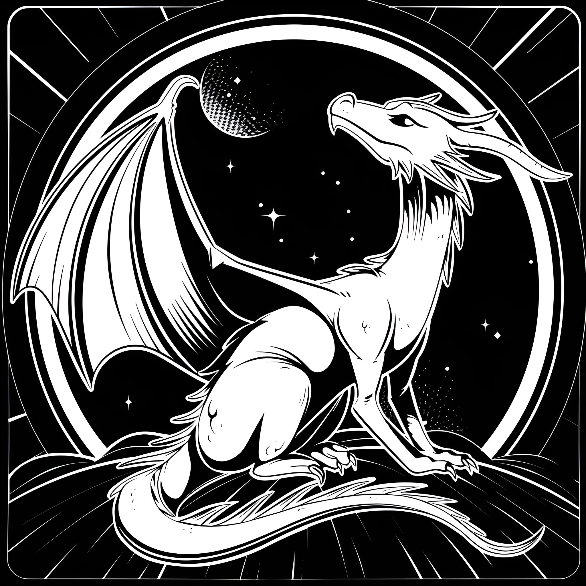 Dragon howling under the night sky Drawing Idea (free black-and-white line drawing printable PDF for all, from beginners to advanced learners, including children, teens, adults, and seniors)