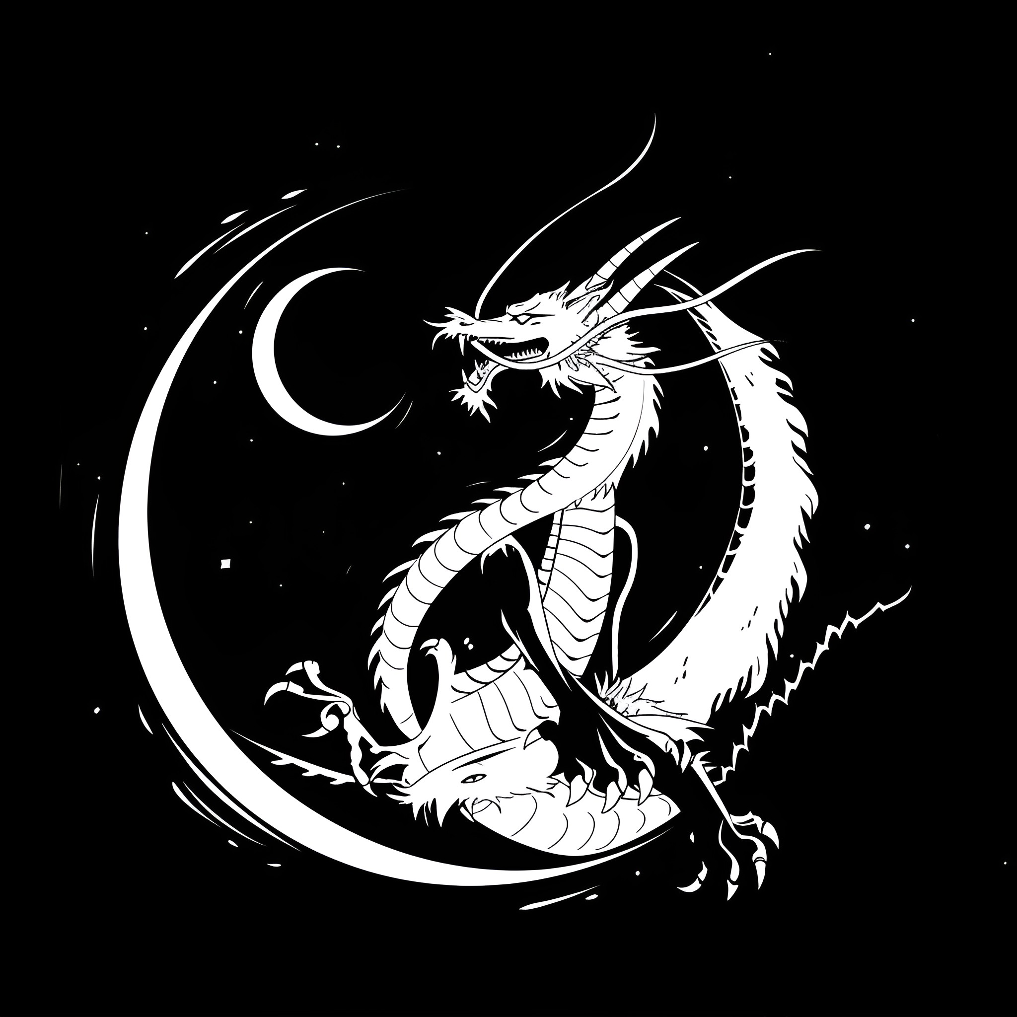 Dragon soaring under the crescent moon Drawing Idea (free black-and-white line drawing printable PDF for all, from beginners to advanced learners, including children, teens, adults, and seniors)