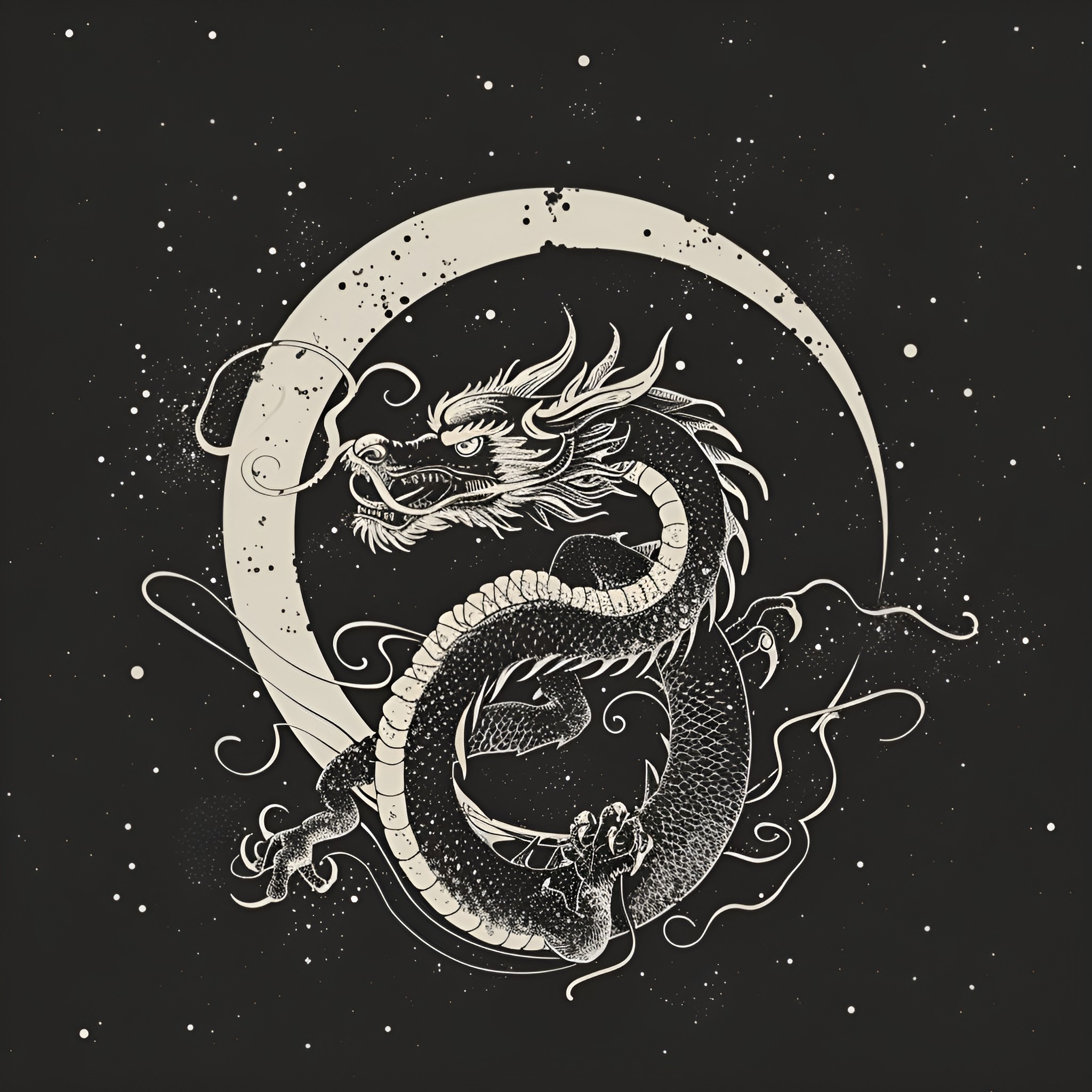 Dragon embracing crescent moon in night sky Drawing Idea (free black-and-white line drawing printable PDF for all, from beginners to advanced learners, including children, teens, adults, and seniors)