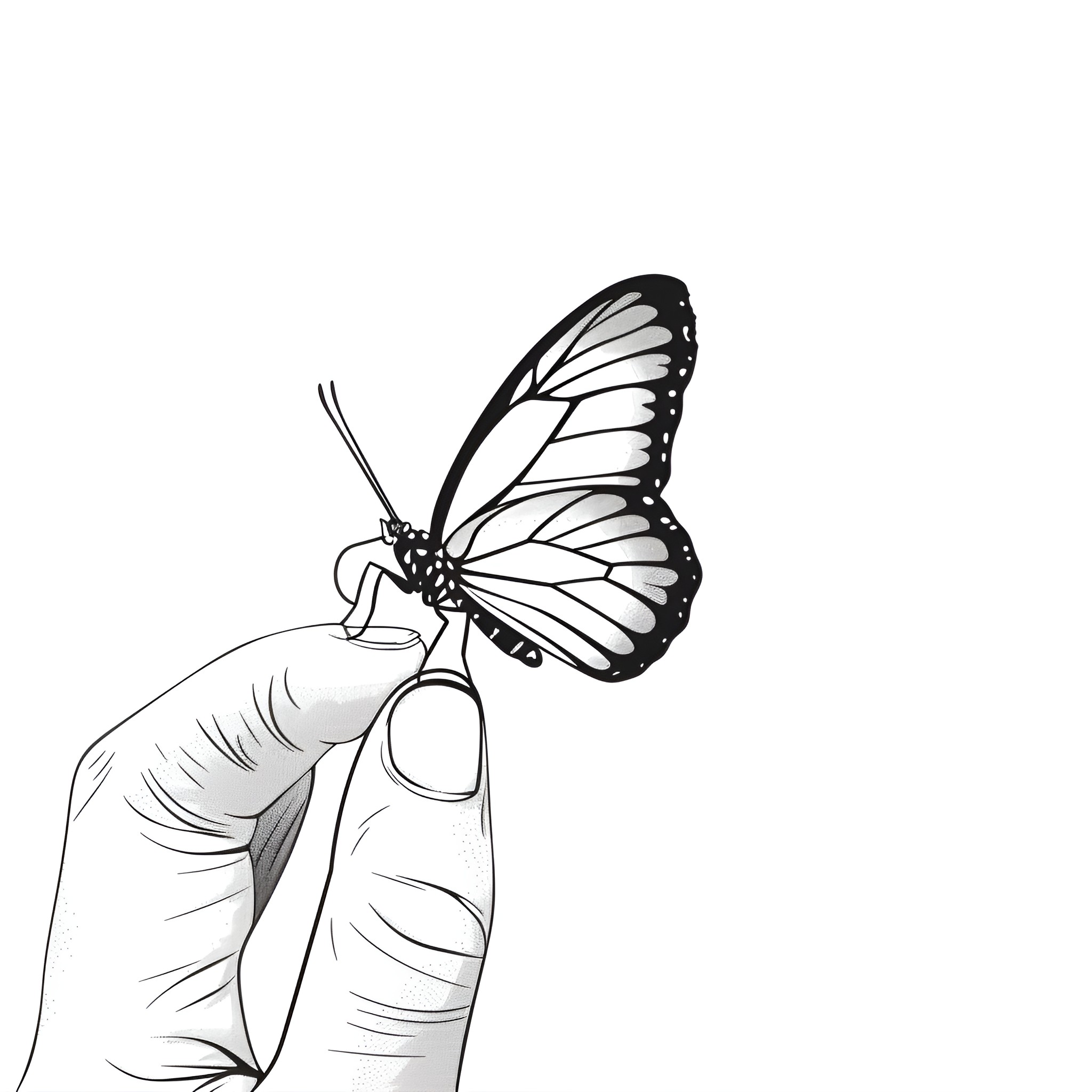 Butterfly resting on delicate fingers Drawing Idea (free black-and-white line drawing printable PDF for all, from beginners to advanced learners, including children, teens, adults, and seniors)