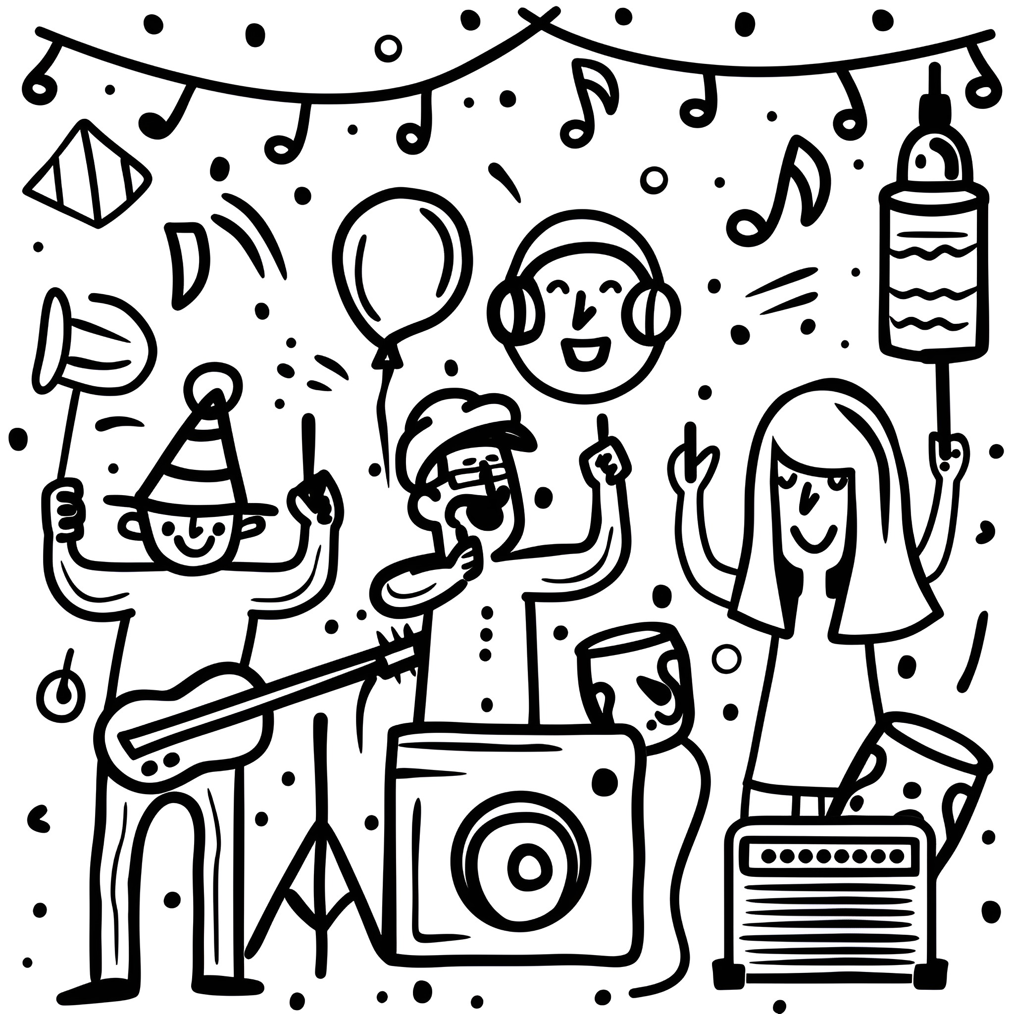 Happy Birthday Festive Musical Celebration Drawing Idea (free black-and-white line drawing printable PDF for all, from beginners to advanced learners, including children, teens, adults, and seniors)