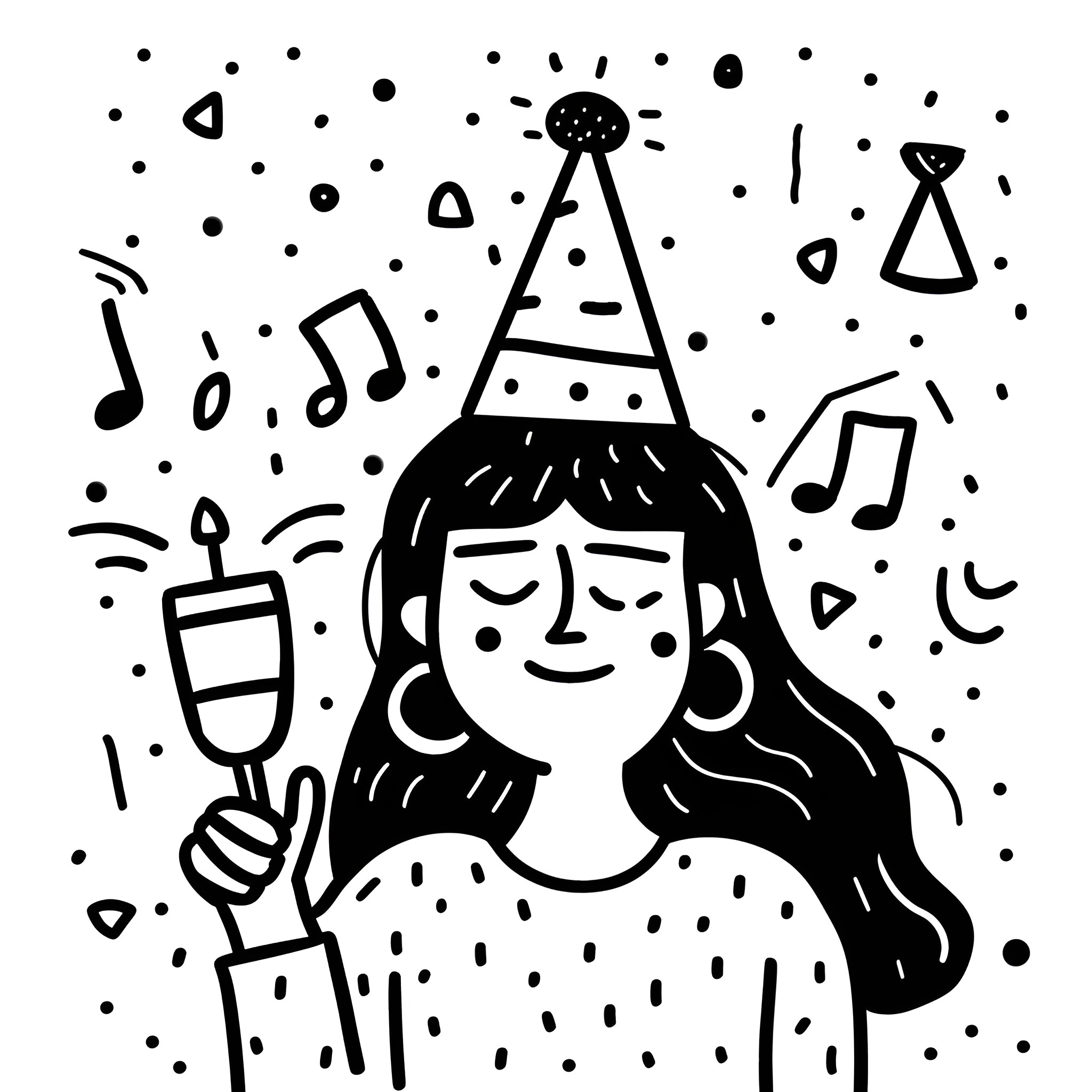 Happy Birthday party supplies and celebration Drawing Idea (free black-and-white line drawing printable PDF for all, from beginners to advanced learners, including children, teens, adults, and seniors)