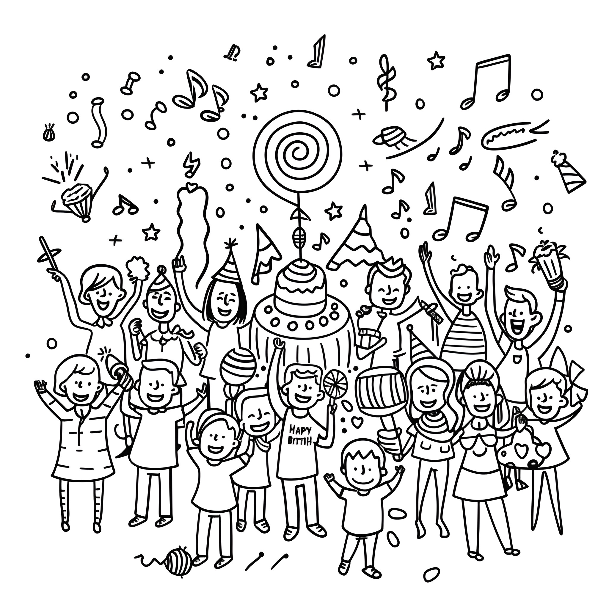 Happy Birthday celebration with joyful people Drawing Idea (free black-and-white line drawing printable PDF for all, from beginners to advanced learners, including children, teens, adults, and seniors)