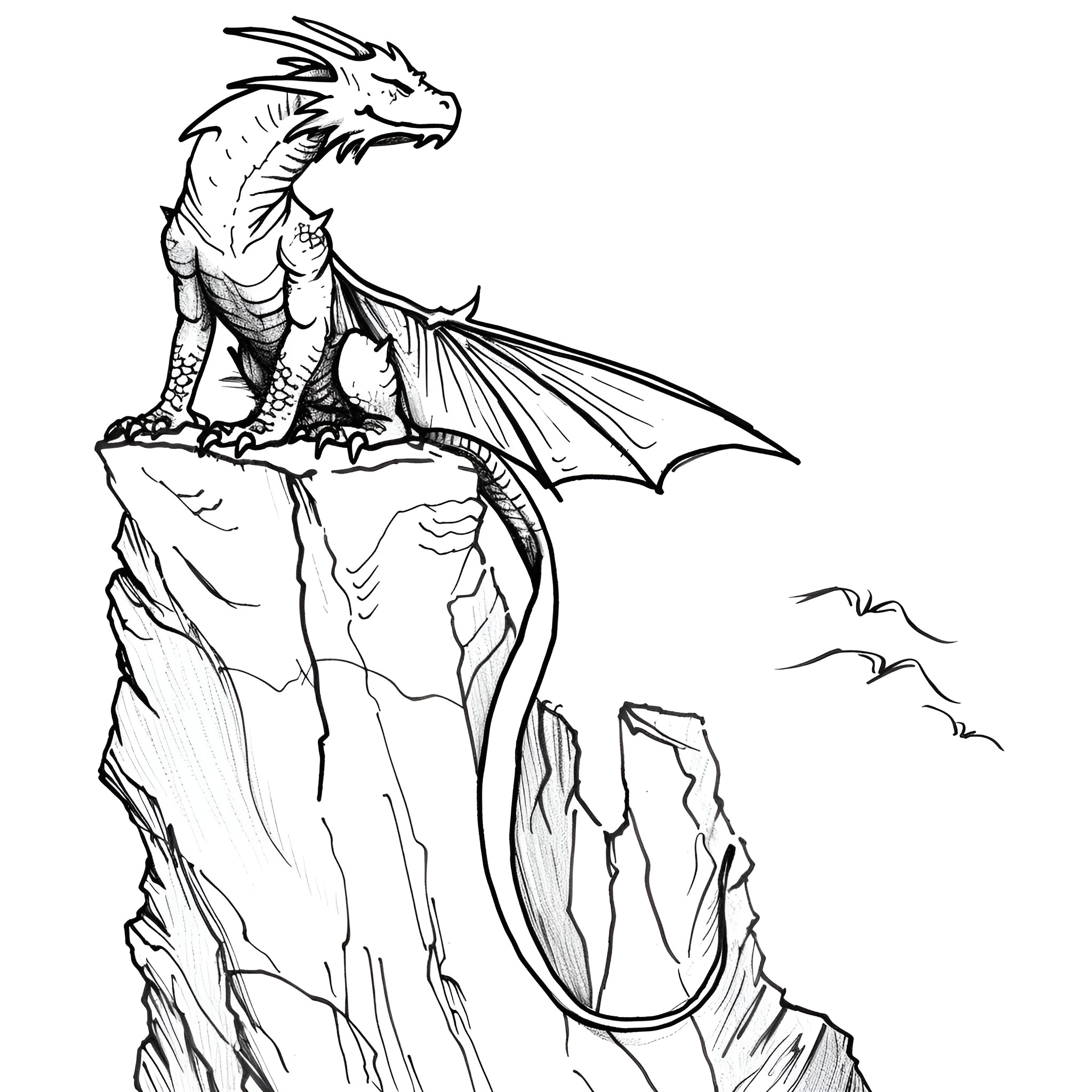 Dragon guarding a rocky cliff Drawing Idea (free black-and-white line drawing printable PDF for all, from beginners to advanced learners, including children, teens, adults, and seniors)