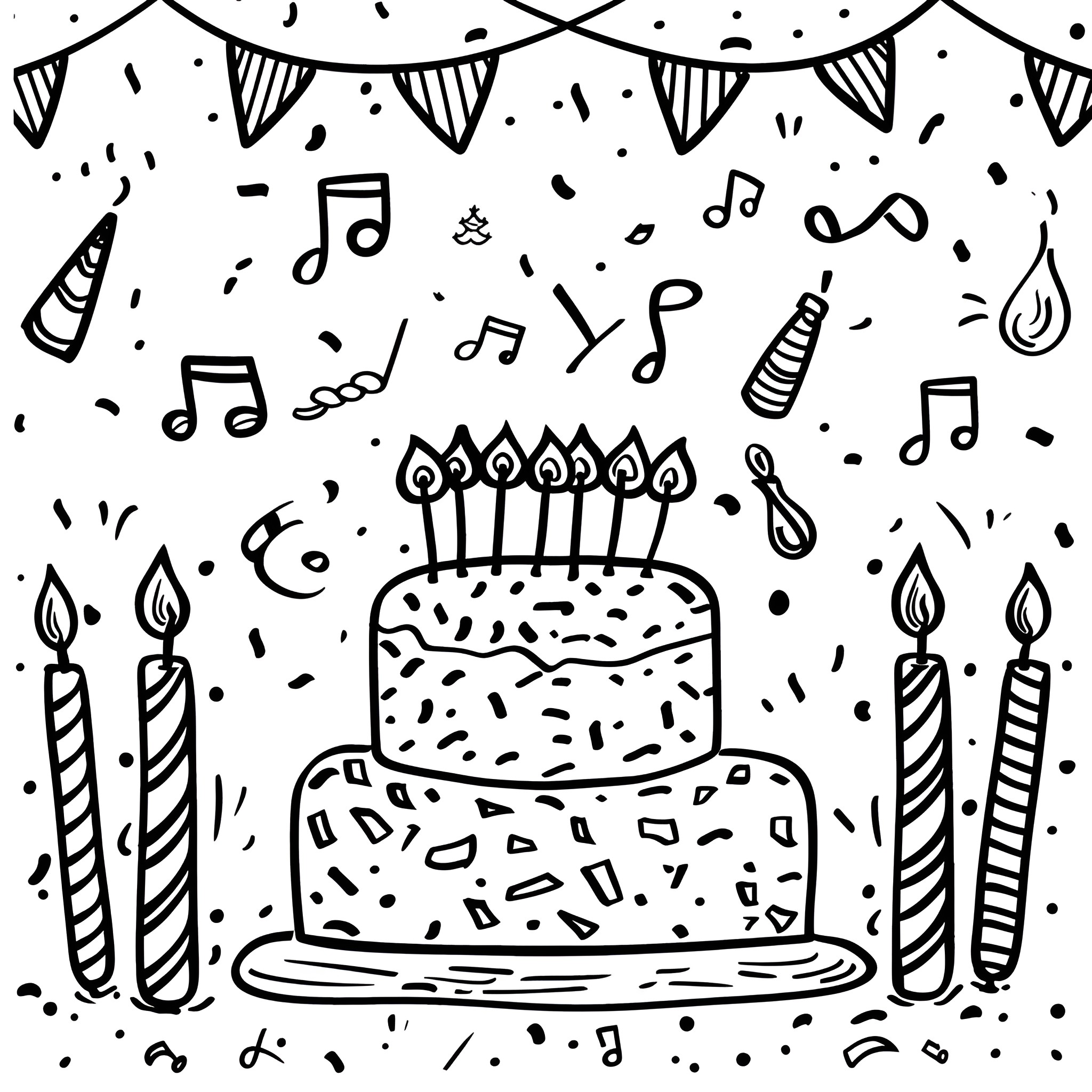 Happy Birthday with Festive Cake and Candles Drawing Idea (free black-and-white line drawing printable PDF for all, from beginners to advanced learners, including children, teens, adults, and seniors)
