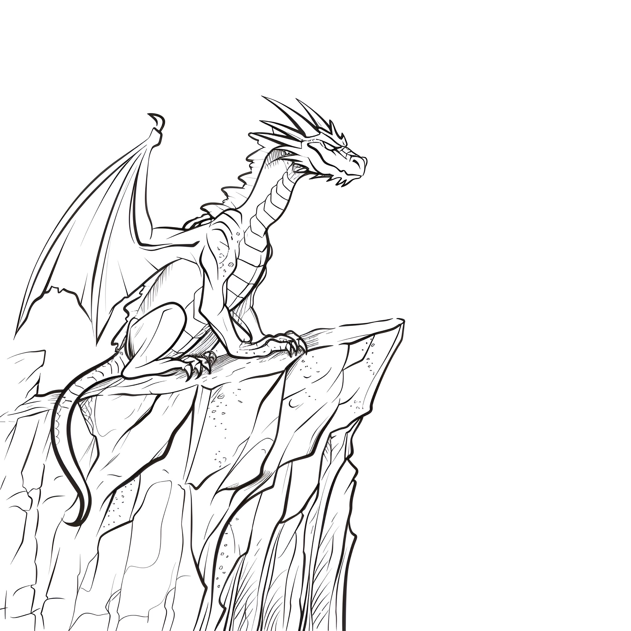 Dragon perching atop a rocky cliff Drawing Idea (free black-and-white line drawing printable PDF for all, from beginners to advanced learners, including children, teens, adults, and seniors)