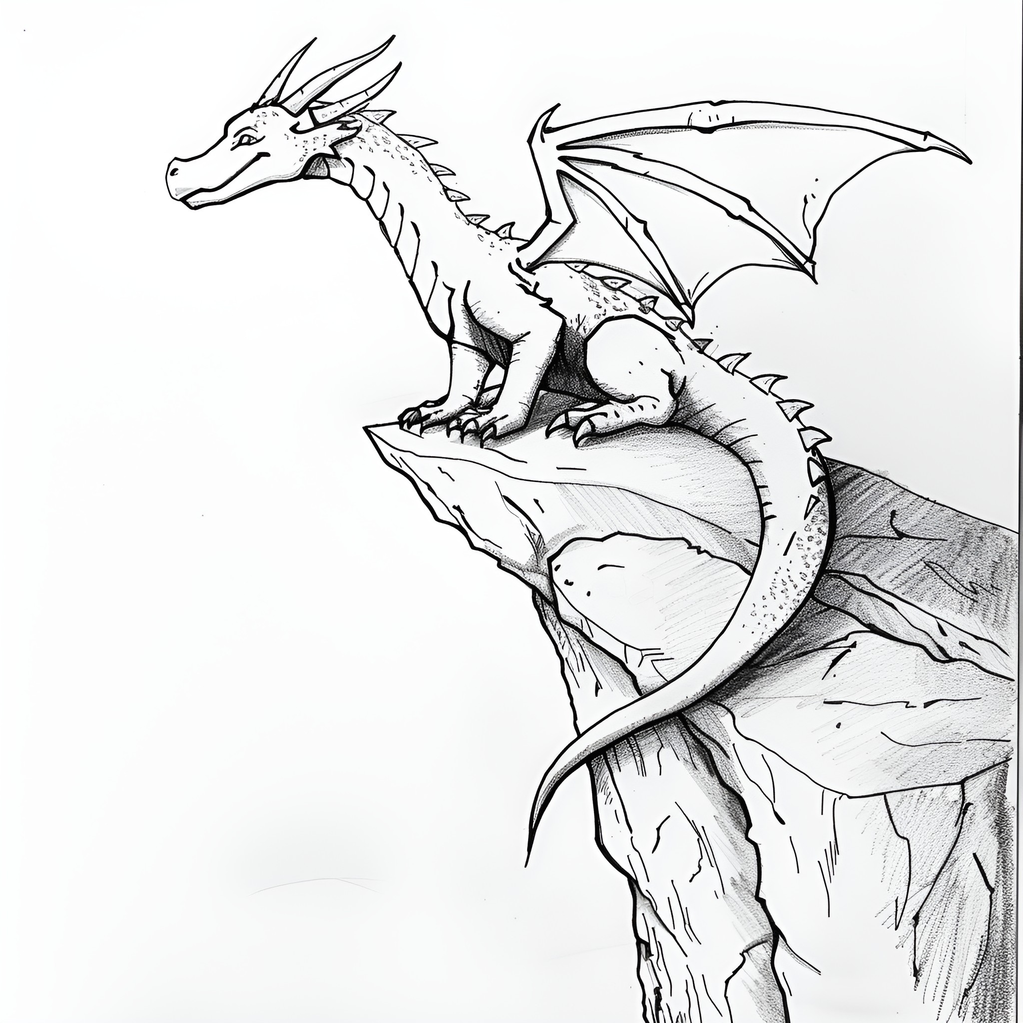 Dragon perched on rocky outcrop Drawing Idea (free black-and-white line drawing printable PDF for all, from beginners to advanced learners, including children, teens, adults, and seniors)