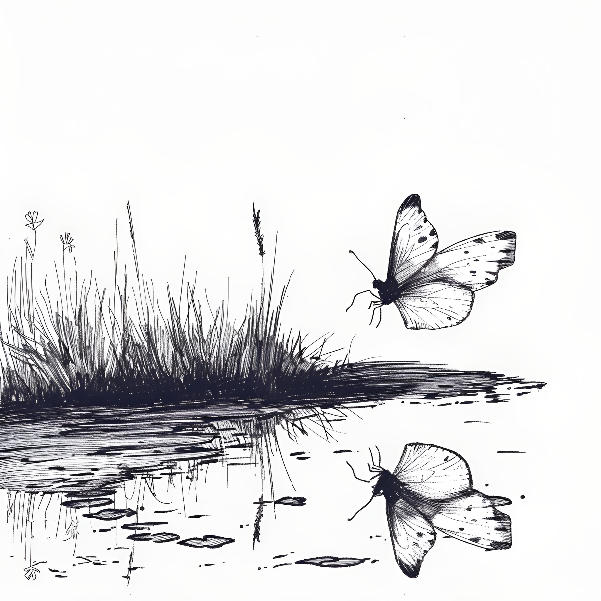 Butterfly Dancing on Still Waters Drawing Idea (free black-and-white line drawing printable PDF for all, from beginners to advanced learners, including children, teens, adults, and seniors)