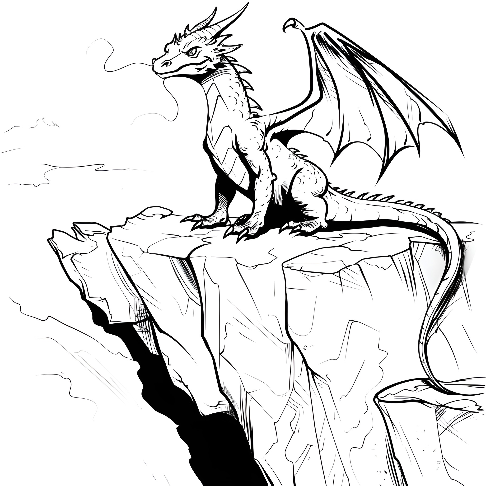 Dragon perched on a cliffside cliff Drawing Idea (free black-and-white line drawing printable PDF for all, from beginners to advanced learners, including children, teens, adults, and seniors)