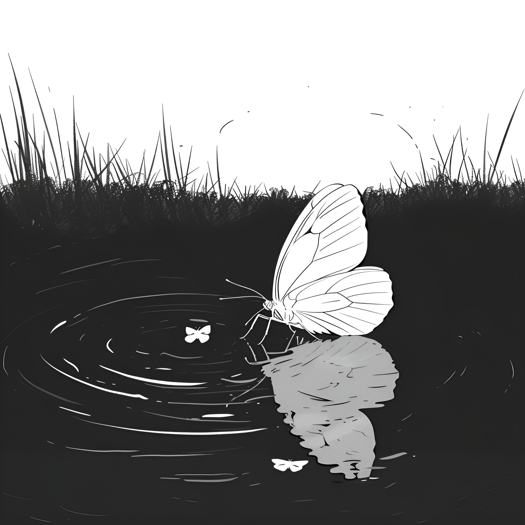 Butterfly soaring over still water Drawing Idea (free black-and-white line drawing printable PDF for all, from beginners to advanced learners, including children, teens, adults, and seniors)