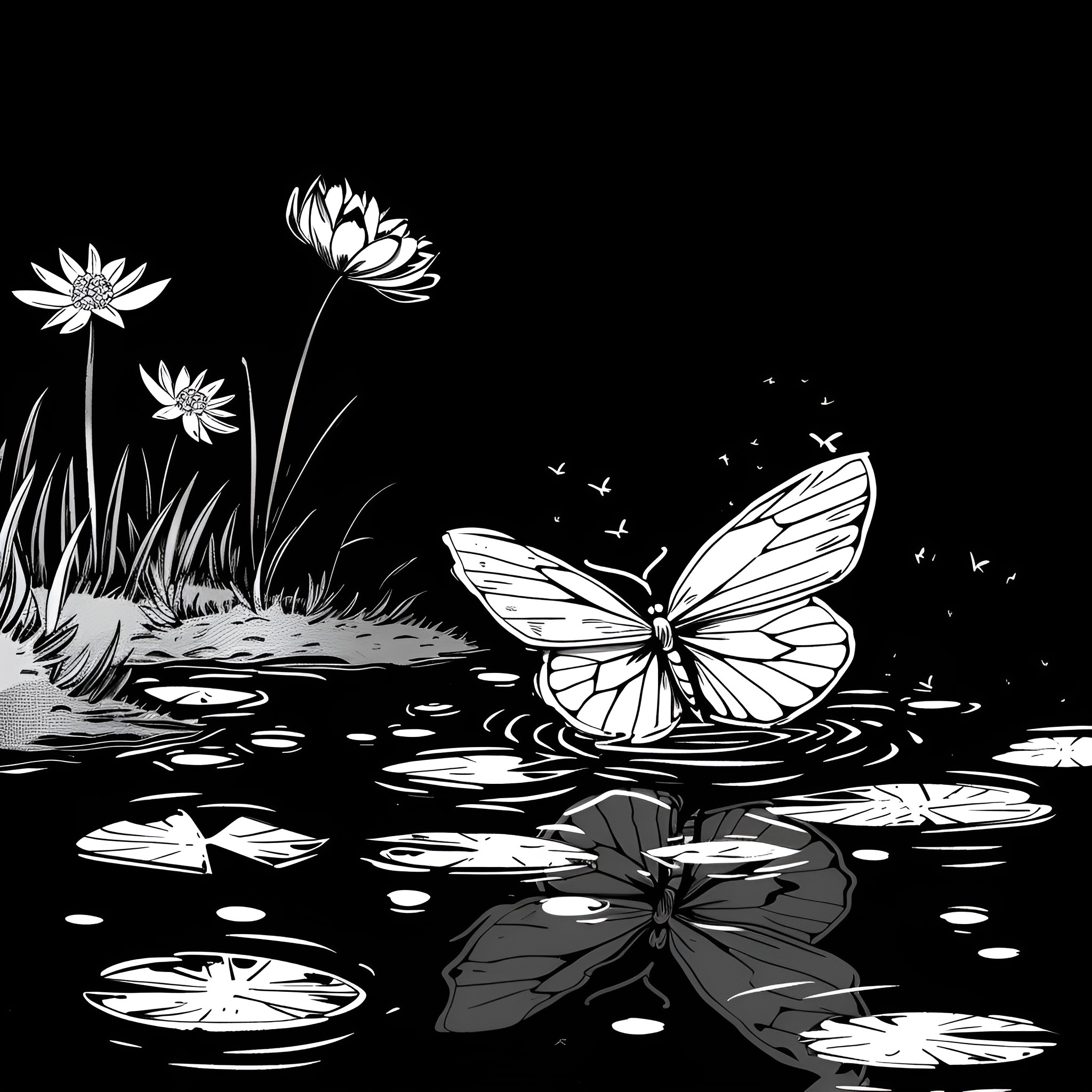 Butterfly floating on lily pads Drawing Idea (free black-and-white line drawing printable PDF for all, from beginners to advanced learners, including children, teens, adults, and seniors)