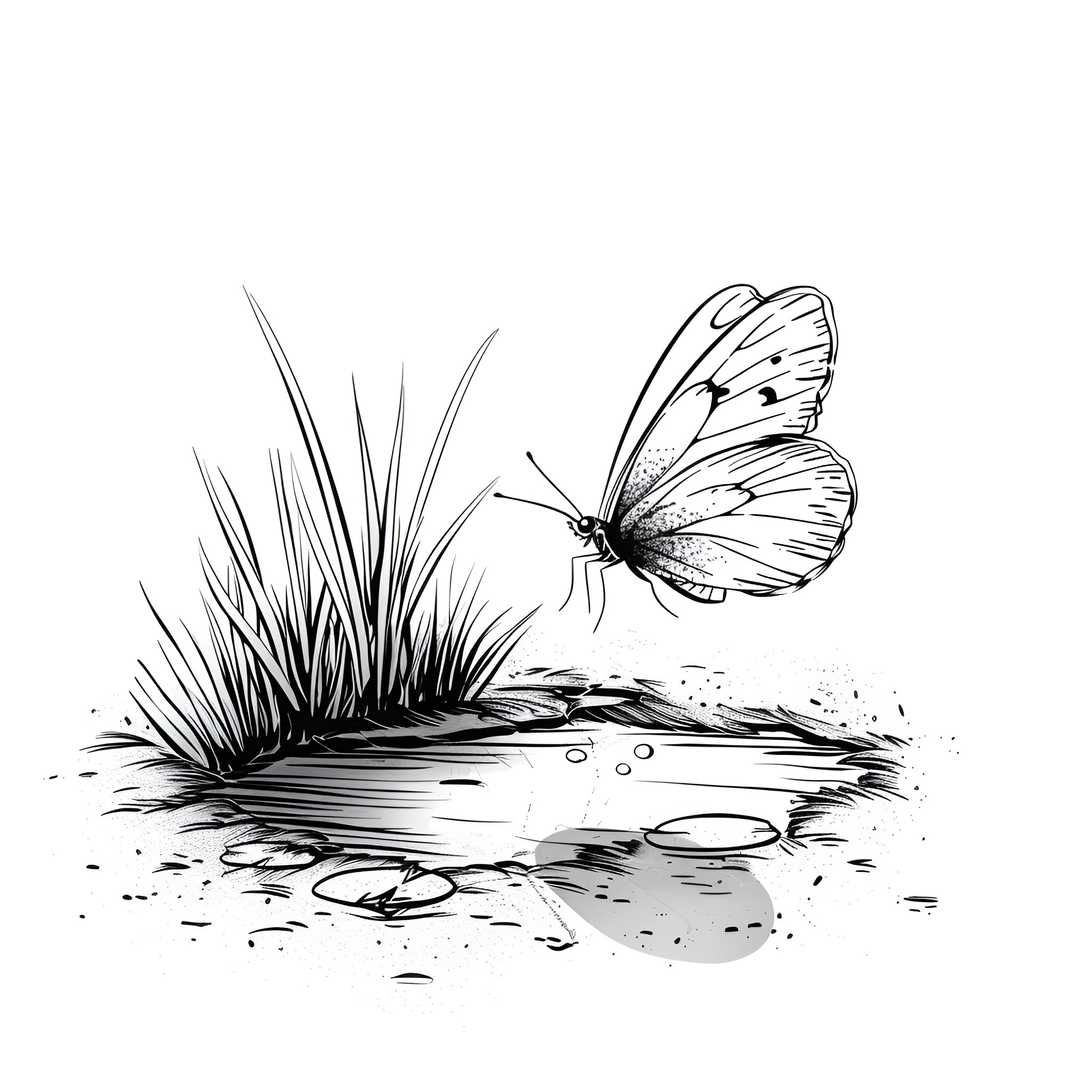 Butterfly taking flight above the pond Drawing Idea (free black-and-white line drawing printable PDF for all, from beginners to advanced learners, including children, teens, adults, and seniors)