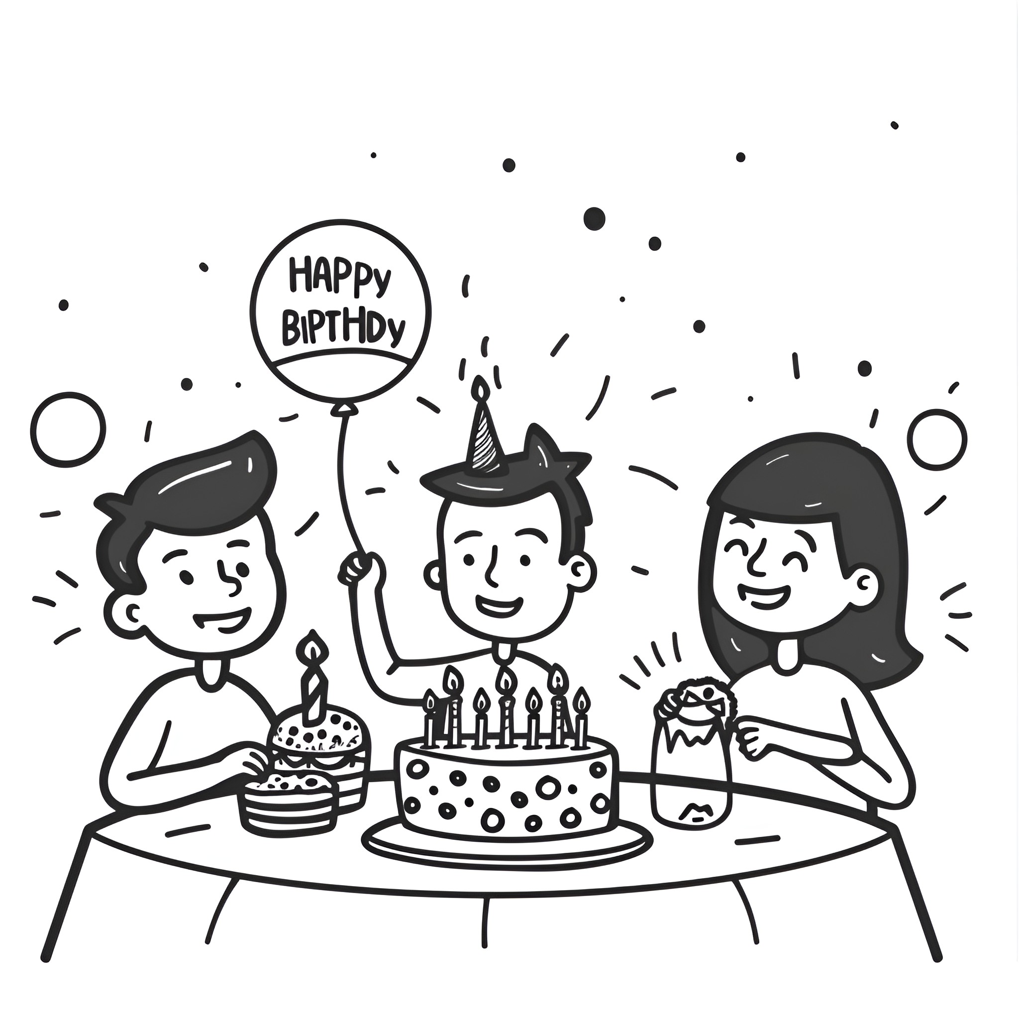 Happy Birthday Celebration with Cake and Balloons Drawing Idea (free black-and-white line drawing printable PDF for all, from beginners to advanced learners, including children, teens, adults, and seniors)