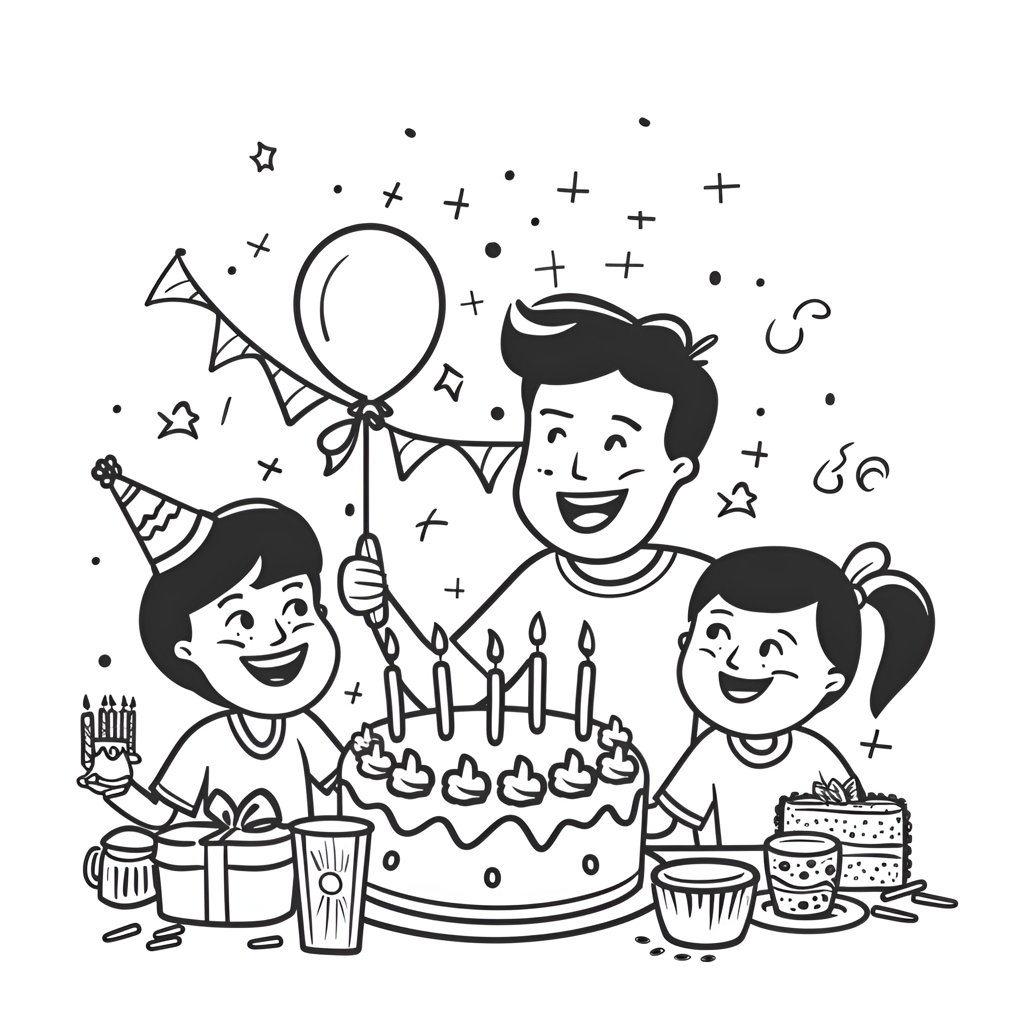 Happy Birthday fun celebration with family Drawing Idea (free black-and-white line drawing printable PDF for all, from beginners to advanced learners, including children, teens, adults, and seniors)
