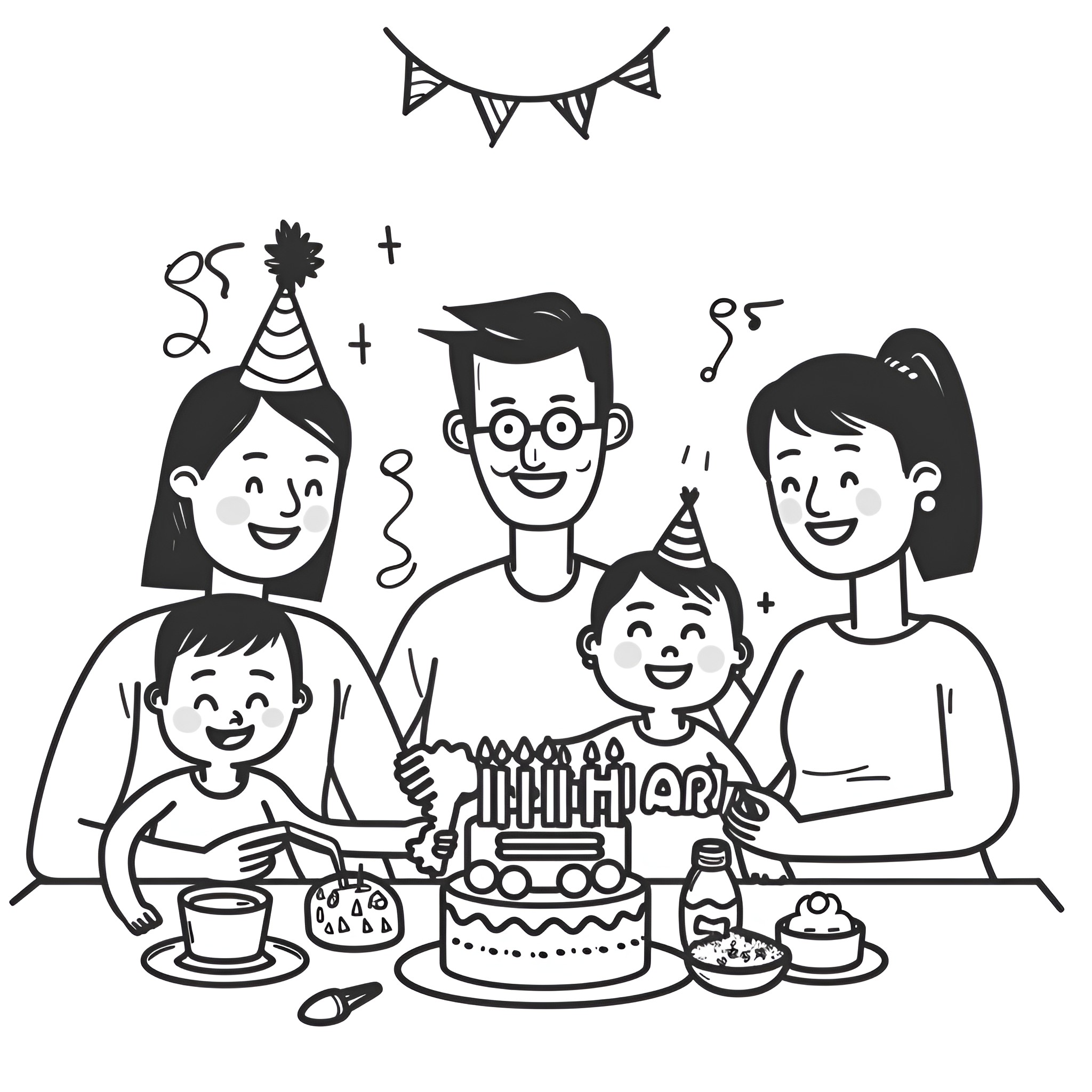 Happy Birthday Family Celebration Drawing Idea (free black-and-white line drawing printable PDF for all, from beginners to advanced learners, including children, teens, adults, and seniors)