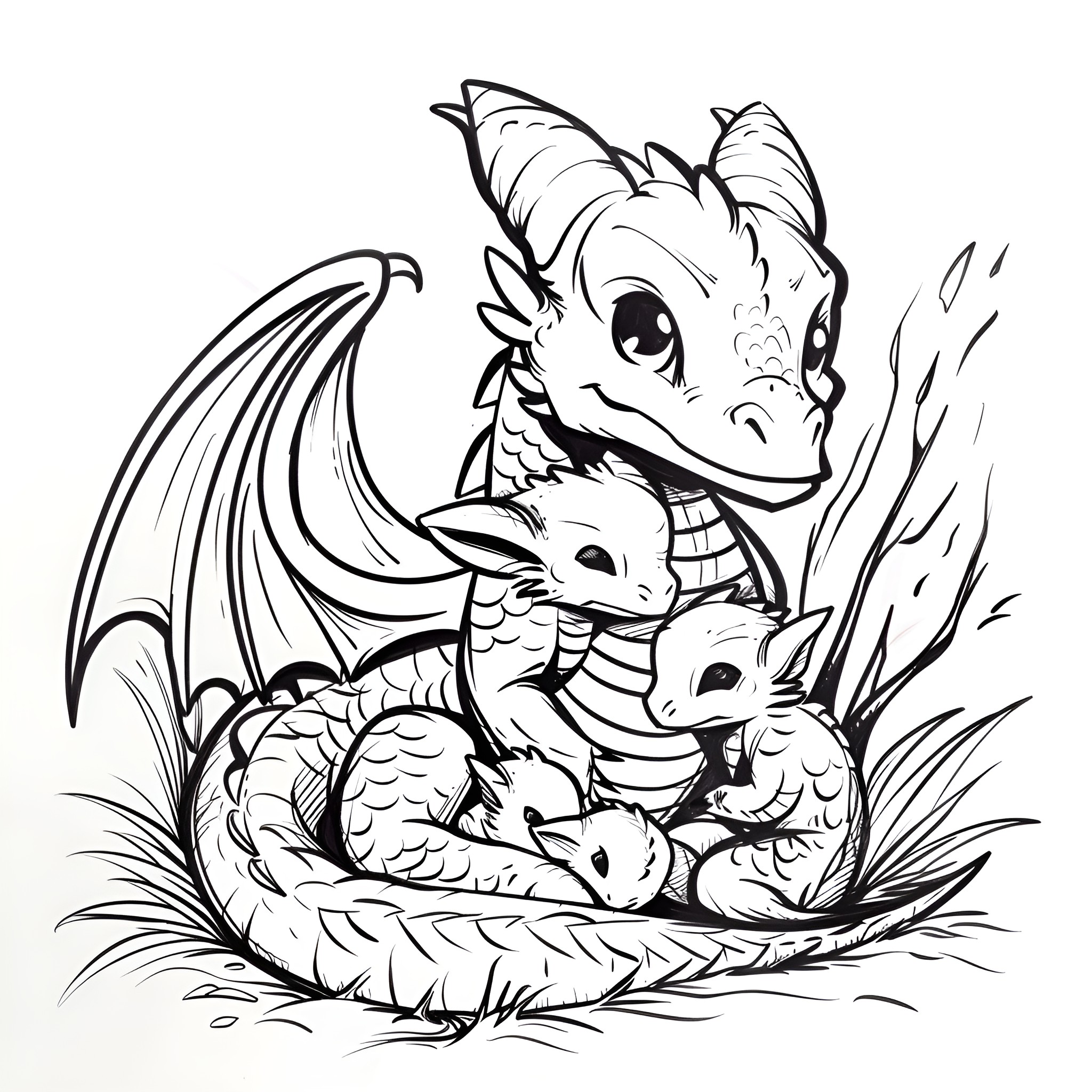 Dragon family nesting with hatchlings Drawing Idea (free black-and-white line drawing printable PDF for all, from beginners to advanced learners, including children, teens, adults, and seniors)