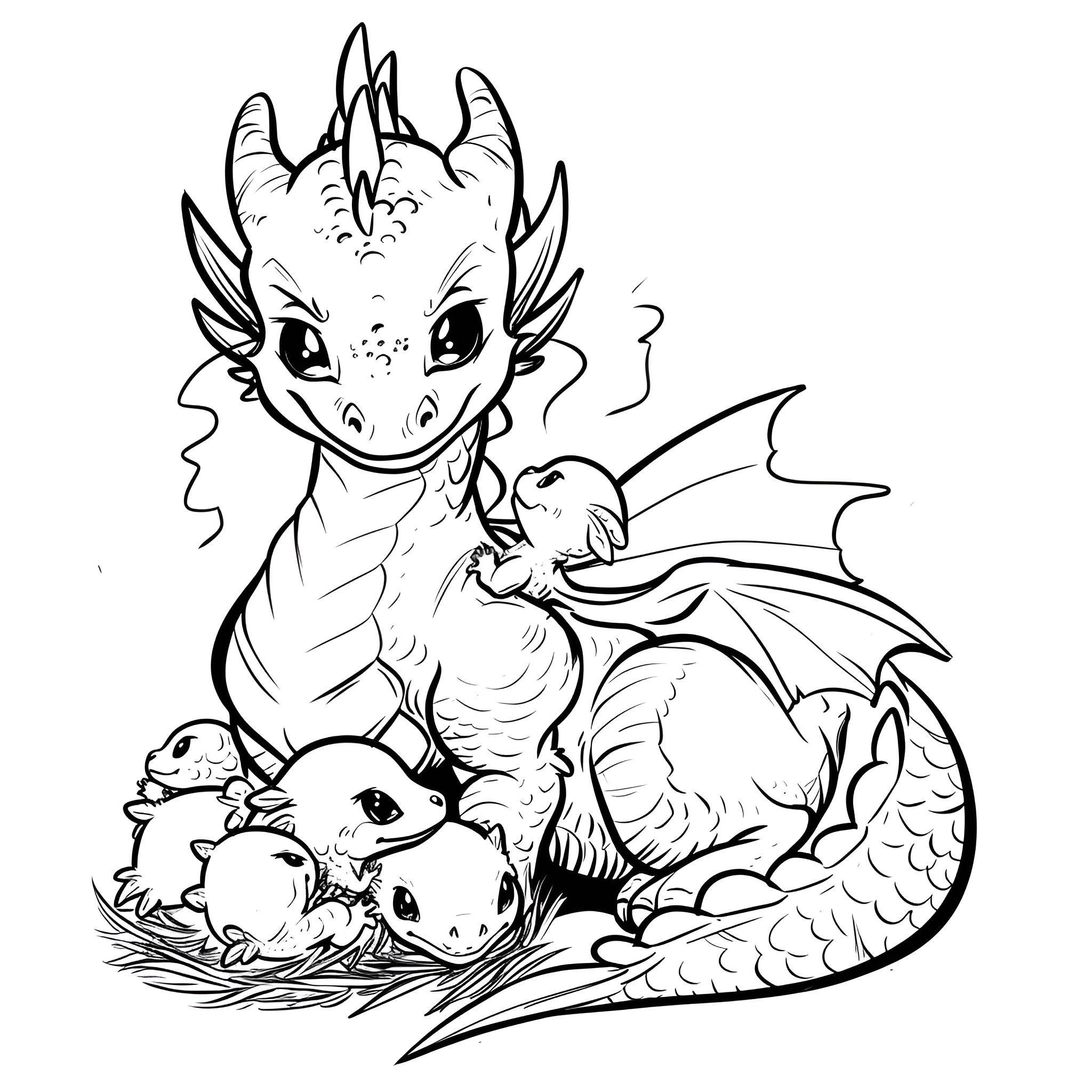Dragon guarding baby dragons in nest Drawing Idea (free black-and-white line drawing printable PDF for all, from beginners to advanced learners, including children, teens, adults, and seniors)