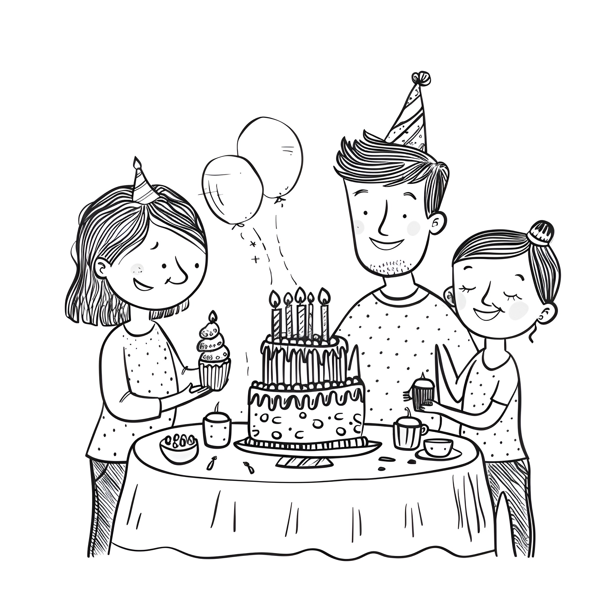 Happy Birthday with Family Celebration Drawing Idea (free black-and-white line drawing printable PDF for all, from beginners to advanced learners, including children, teens, adults, and seniors)