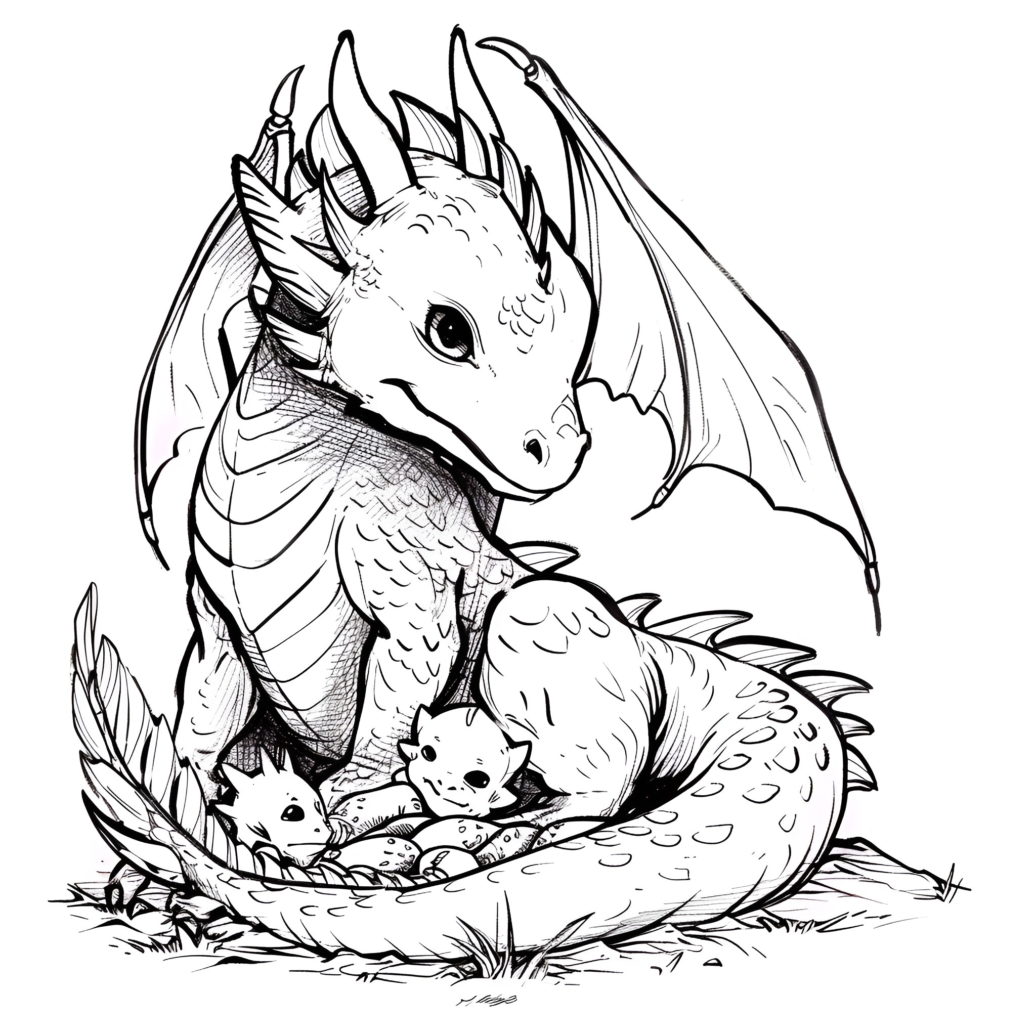 Dragon with newborn hatchlings nesting Drawing Idea (free black-and-white line drawing printable PDF for all, from beginners to advanced learners, including children, teens, adults, and seniors)