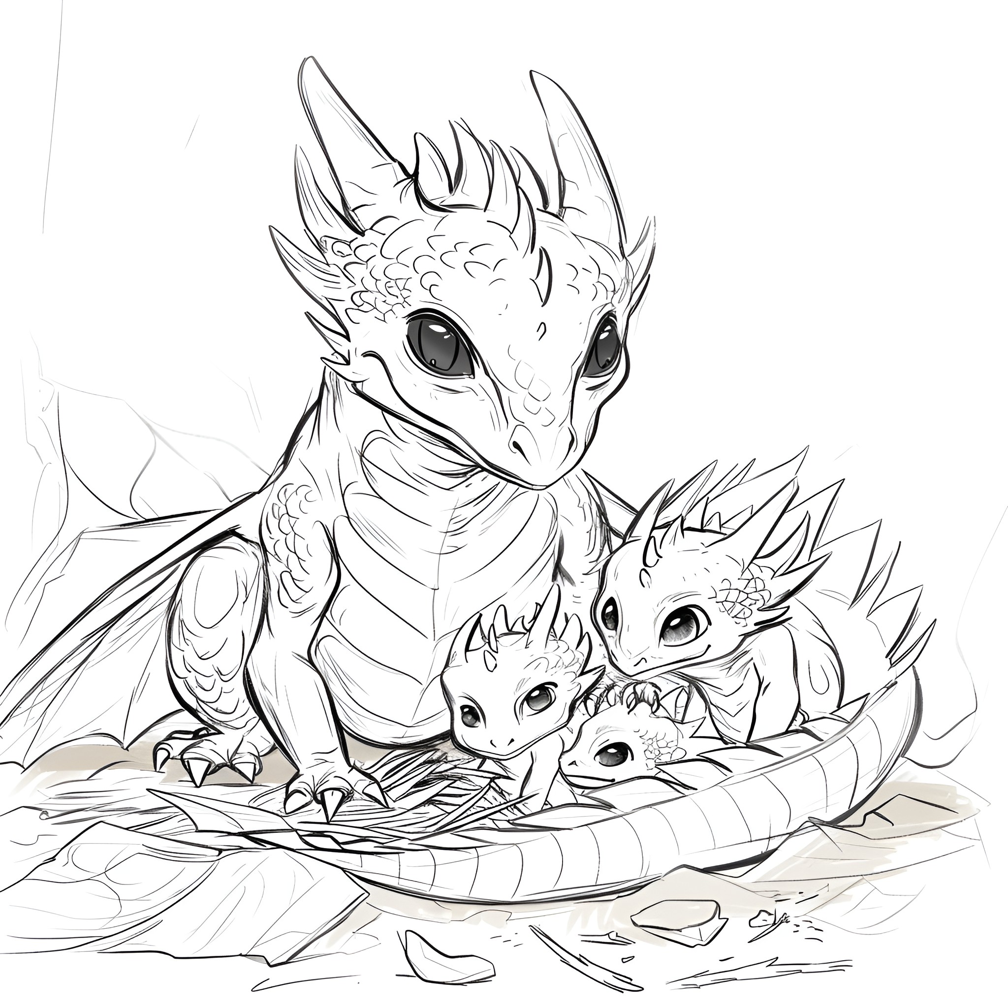 Dragon mother and hatchlings Drawing Idea (free black-and-white line drawing printable PDF for all, from beginners to advanced learners, including children, teens, adults, and seniors)