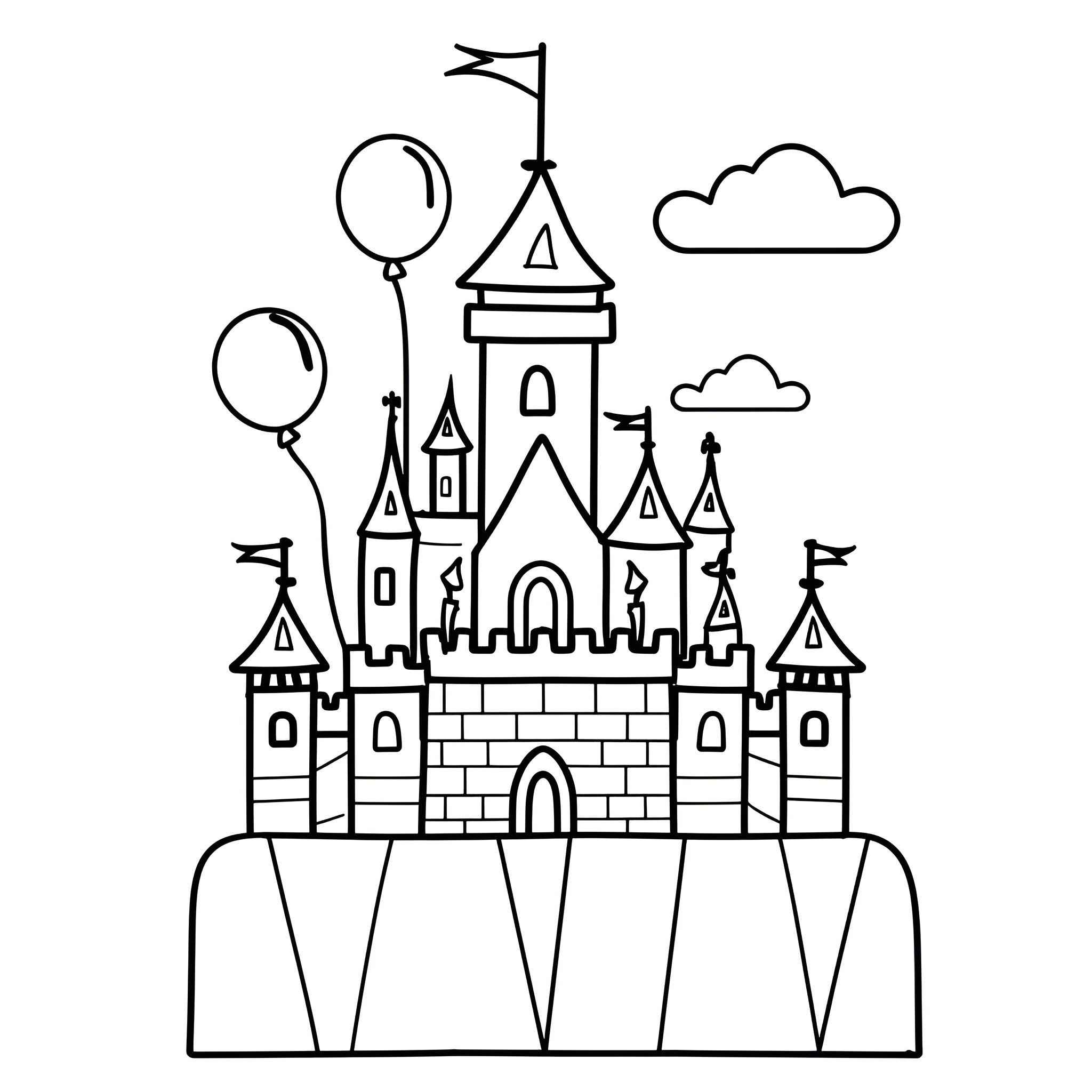 Happy Birthday Castle with Flags and Balloons Drawing Idea (free black-and-white line drawing printable PDF for all, from beginners to advanced learners, including children, teens, adults, and seniors)