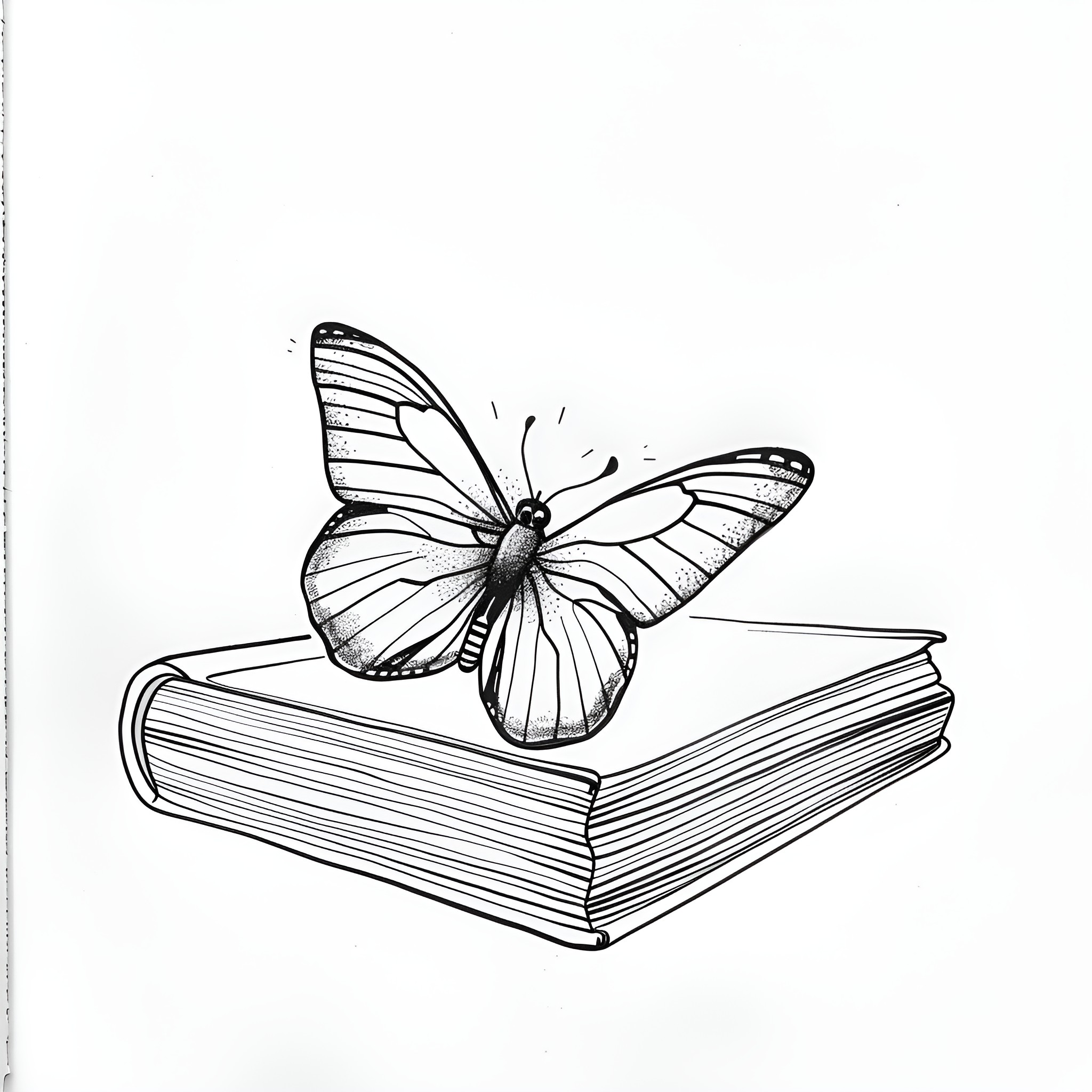 Butterfly perched on a stack of books Drawing Idea (free black-and-white line drawing printable PDF for all, from beginners to advanced learners, including children, teens, adults, and seniors)