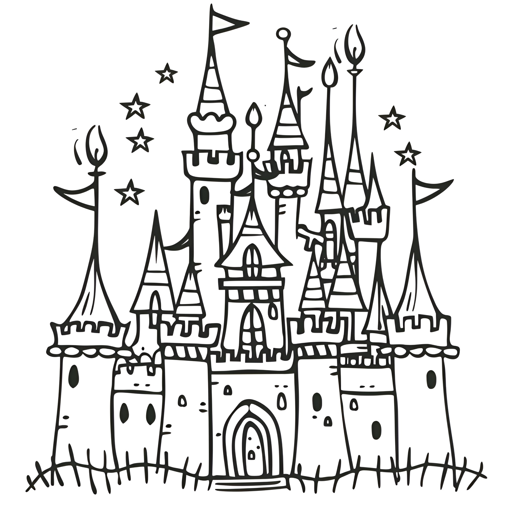 Happy Birthday magical castle drawing Drawing Idea (free black-and-white line drawing printable PDF for all, from beginners to advanced learners, including children, teens, adults, and seniors)