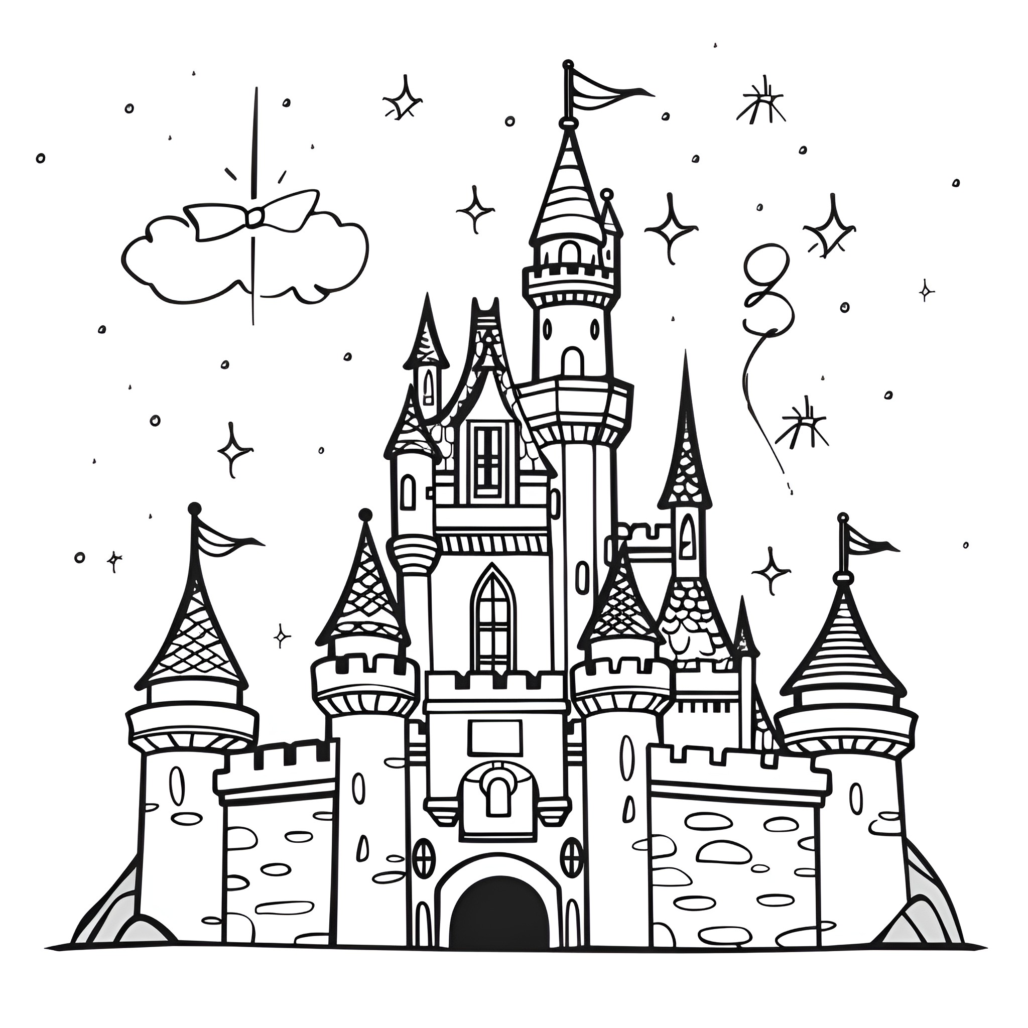 Happy Birthday Magical Castle Adventure Drawing Idea (free black-and-white line drawing printable PDF for all, from beginners to advanced learners, including children, teens, adults, and seniors)