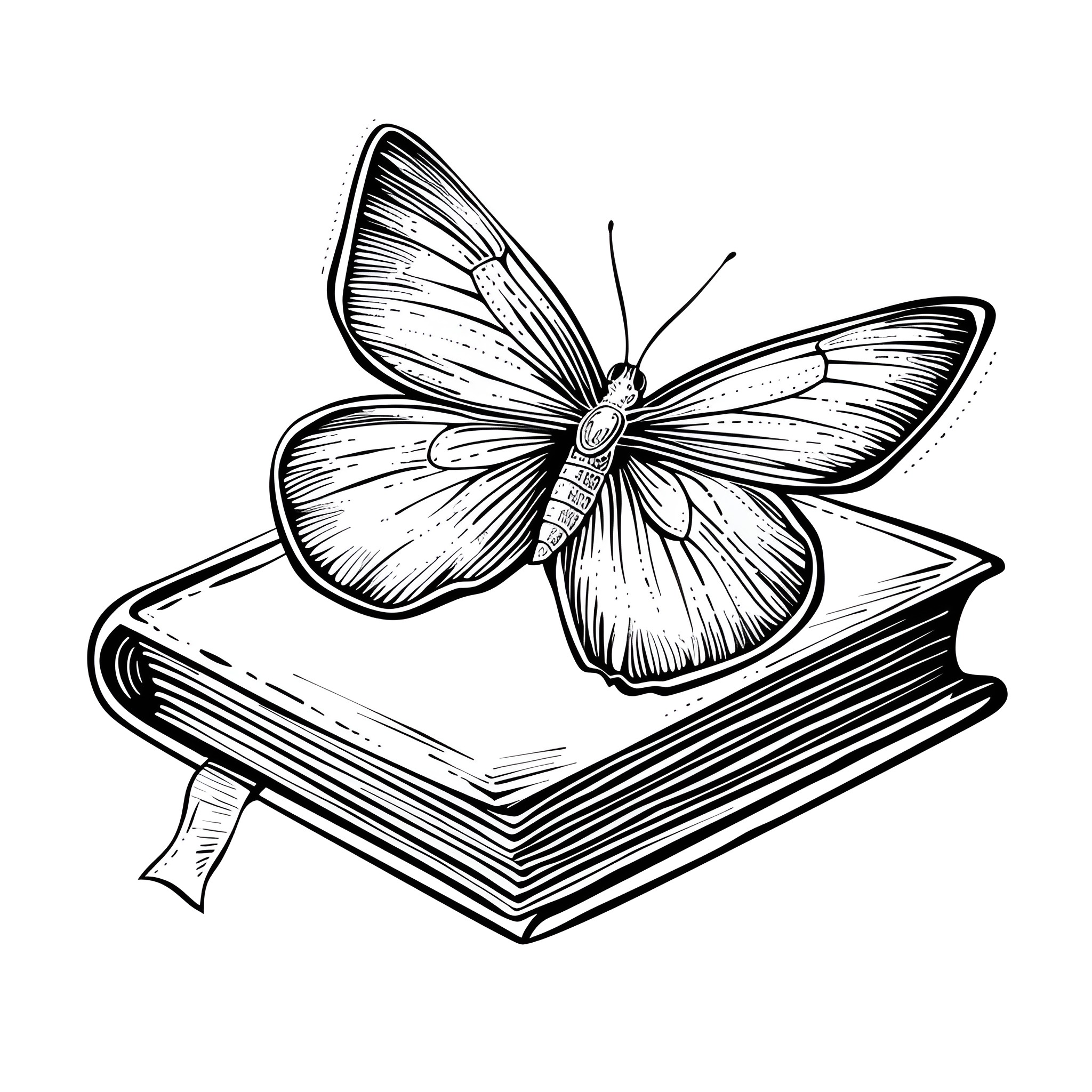 Butterfly resting on a book Drawing Idea (free black-and-white line drawing printable PDF for all, from beginners to advanced learners, including children, teens, adults, and seniors)
