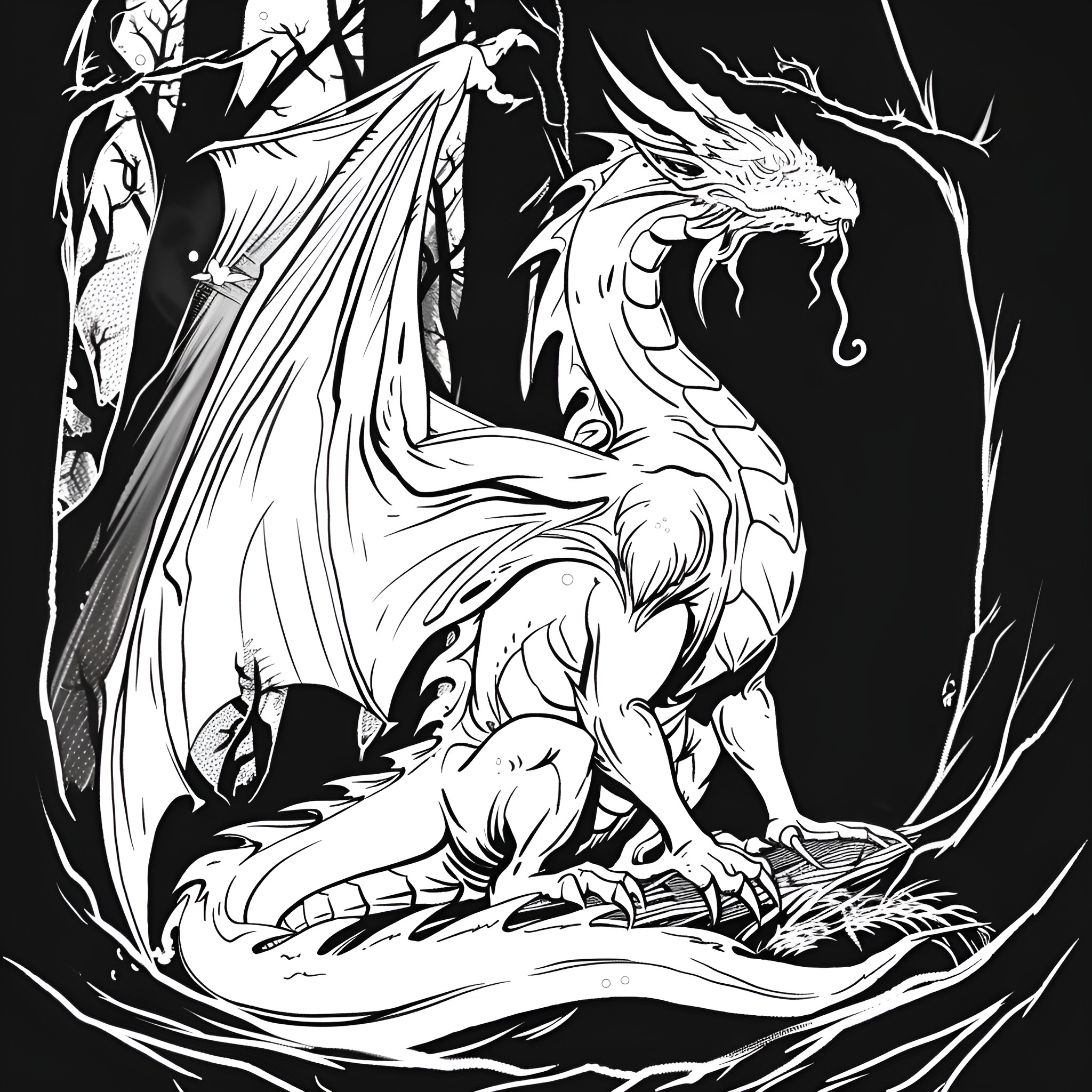 Dragon guarding mysterious treasure in dark forest Drawing Idea (free black-and-white line drawing printable PDF for all, from beginners to advanced learners, including children, teens, adults, and seniors)