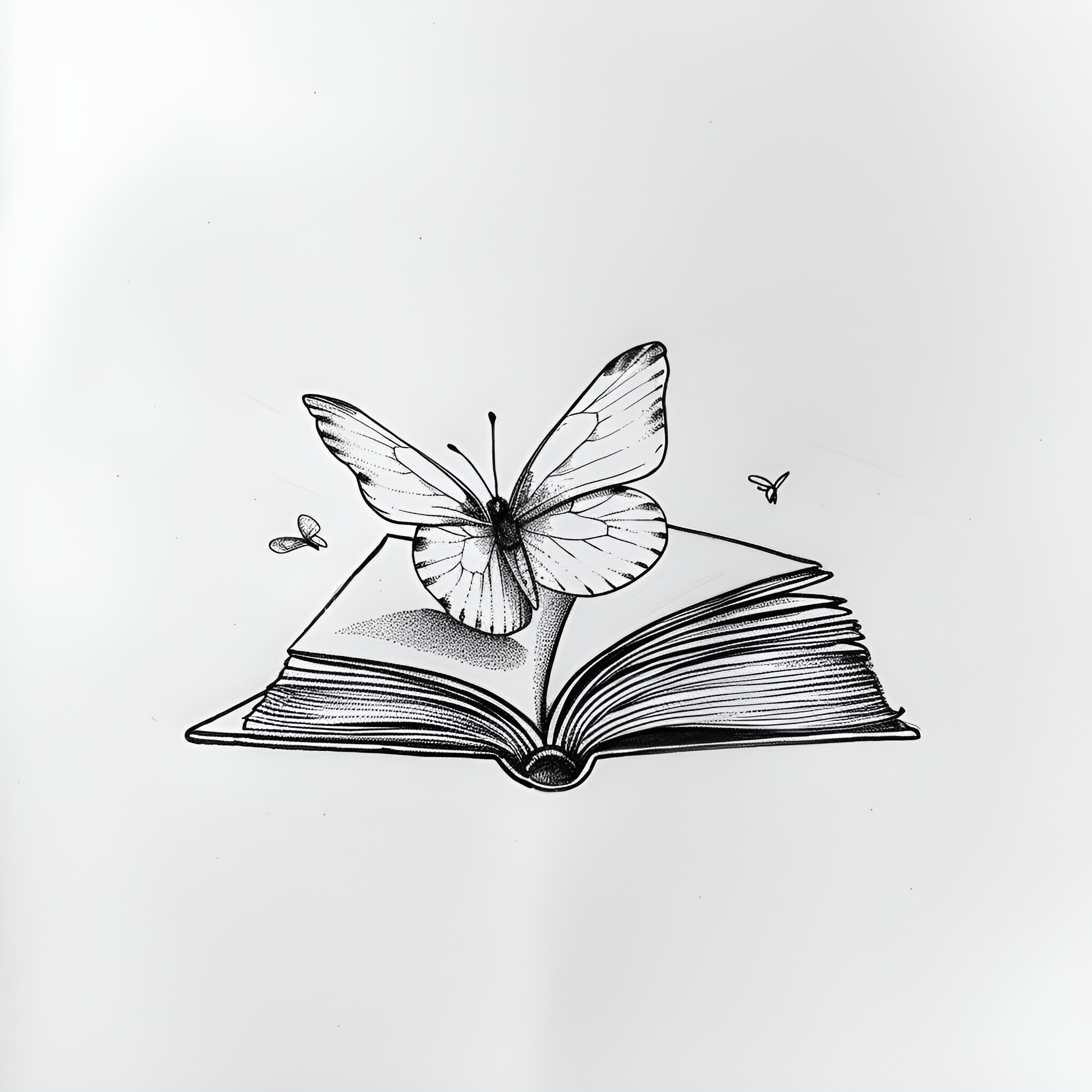 Butterfly perching on open book Drawing Idea (free black-and-white line drawing printable PDF for all, from beginners to advanced learners, including children, teens, adults, and seniors)