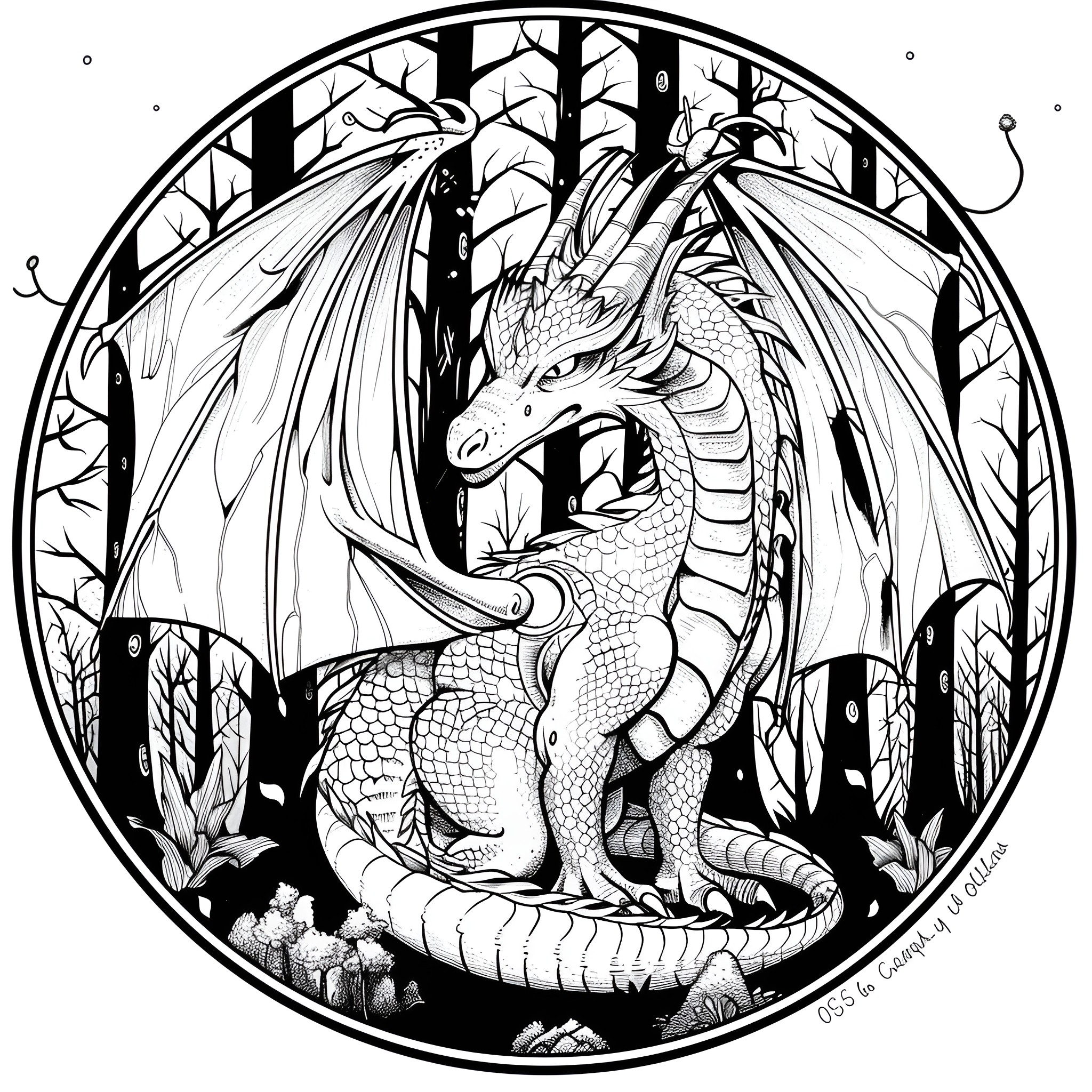 Dragon guarding enchanted forest Drawing Idea (free black-and-white line drawing printable PDF for all, from beginners to advanced learners, including children, teens, adults, and seniors)