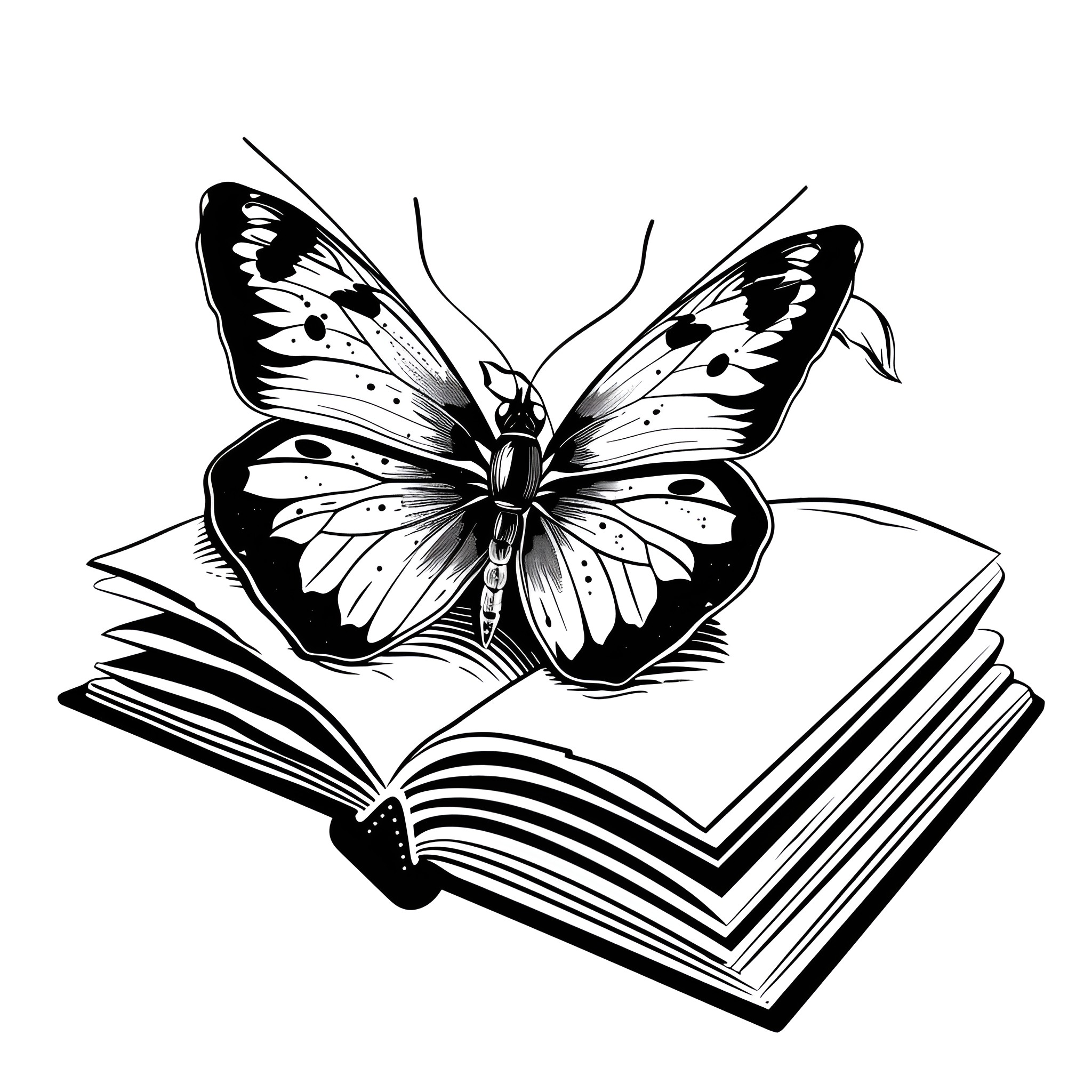 Butterfly emerging from open book Drawing Idea (free black-and-white line drawing printable PDF for all, from beginners to advanced learners, including children, teens, adults, and seniors)