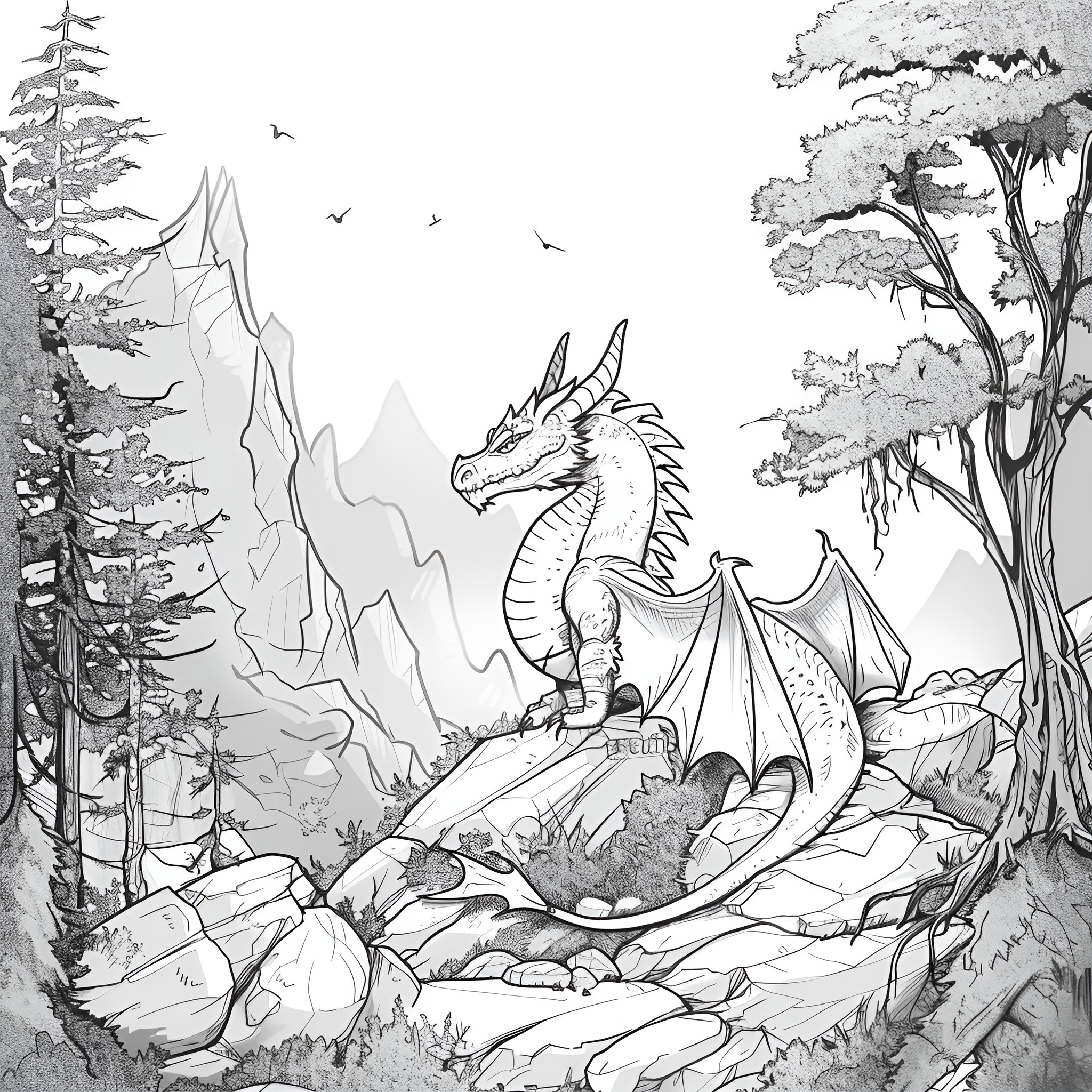Dragon lounging in forest clearing Drawing Idea (free black-and-white line drawing printable PDF for all, from beginners to advanced learners, including children, teens, adults, and seniors)