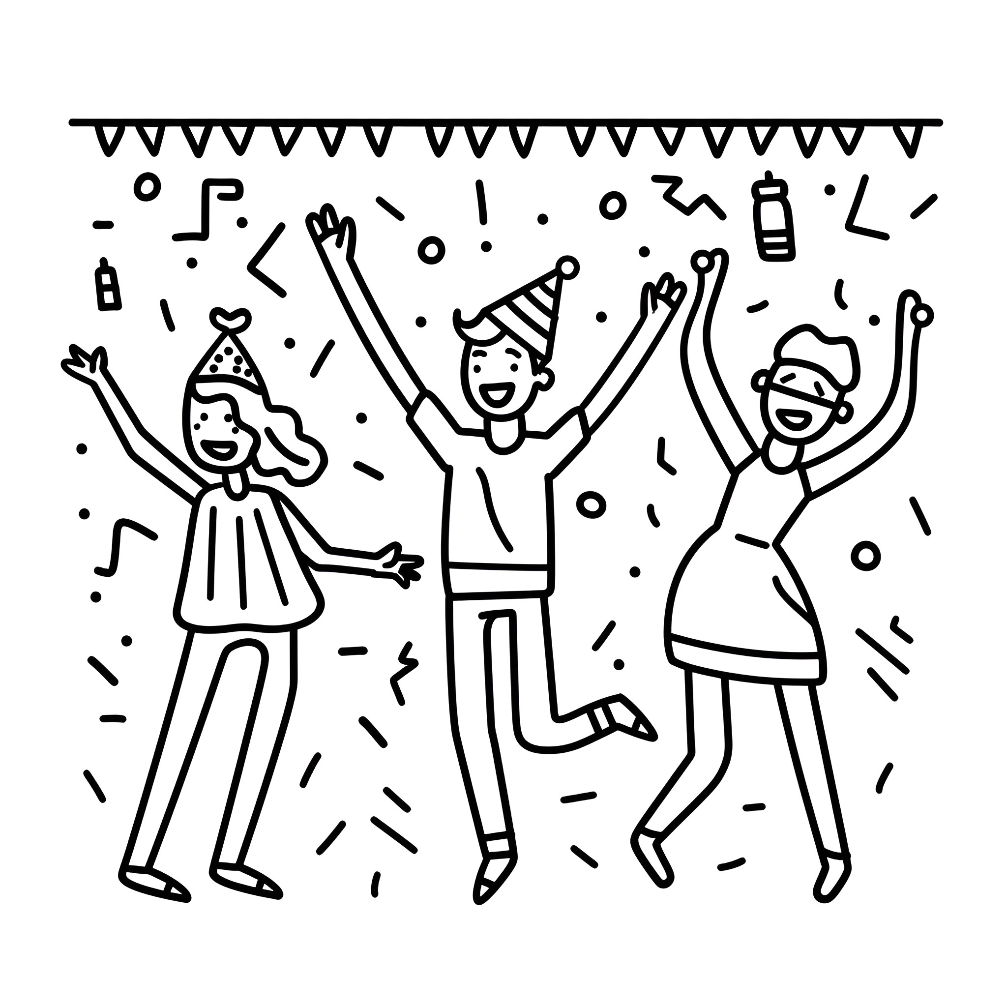 Happy Birthday Celebration with Joyful Expressions Drawing Idea (free black-and-white line drawing printable PDF for all, from beginners to advanced learners, including children, teens, adults, and seniors)