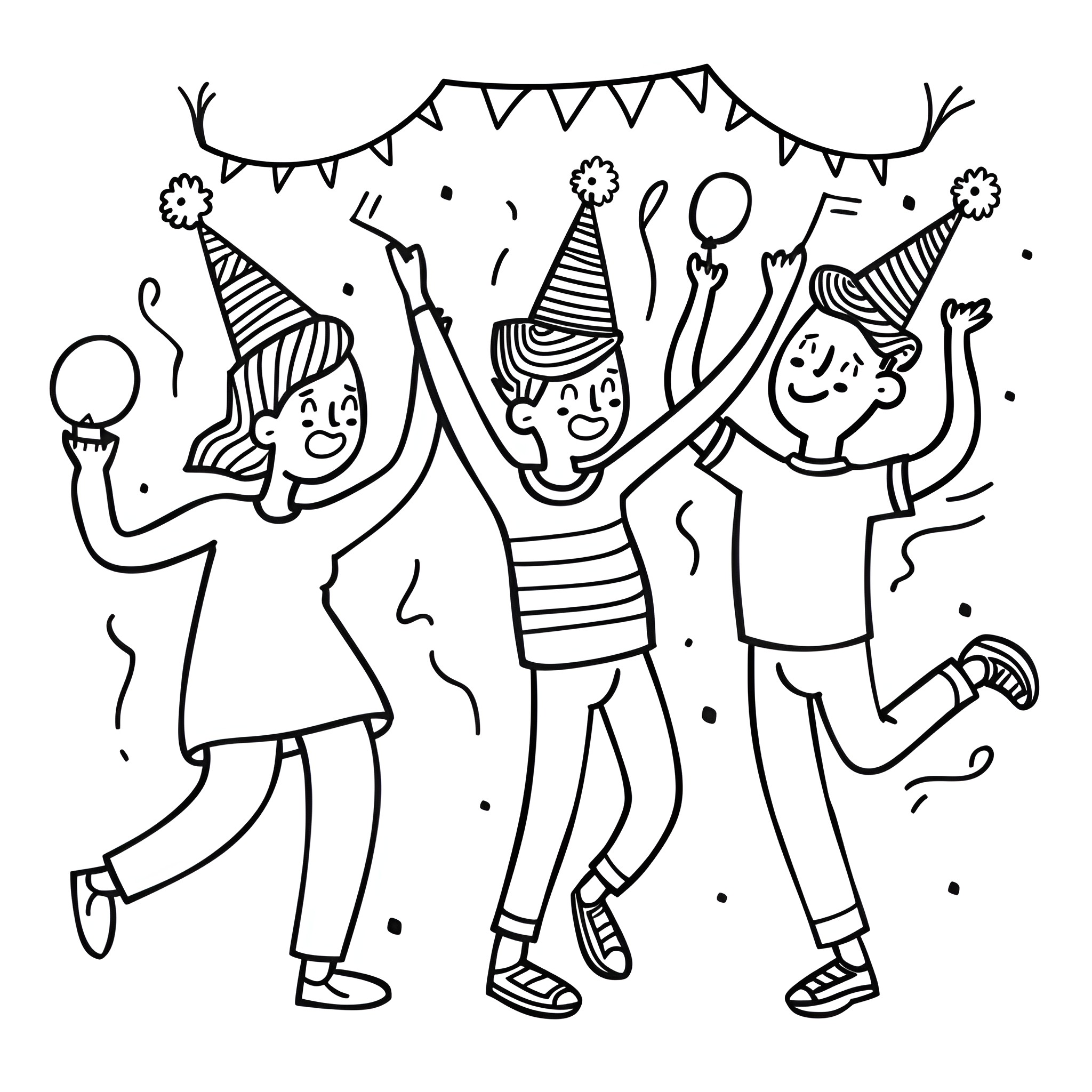 Happy Birthday party with joyful friends Drawing Idea (free black-and-white line drawing printable PDF for all, from beginners to advanced learners, including children, teens, adults, and seniors)