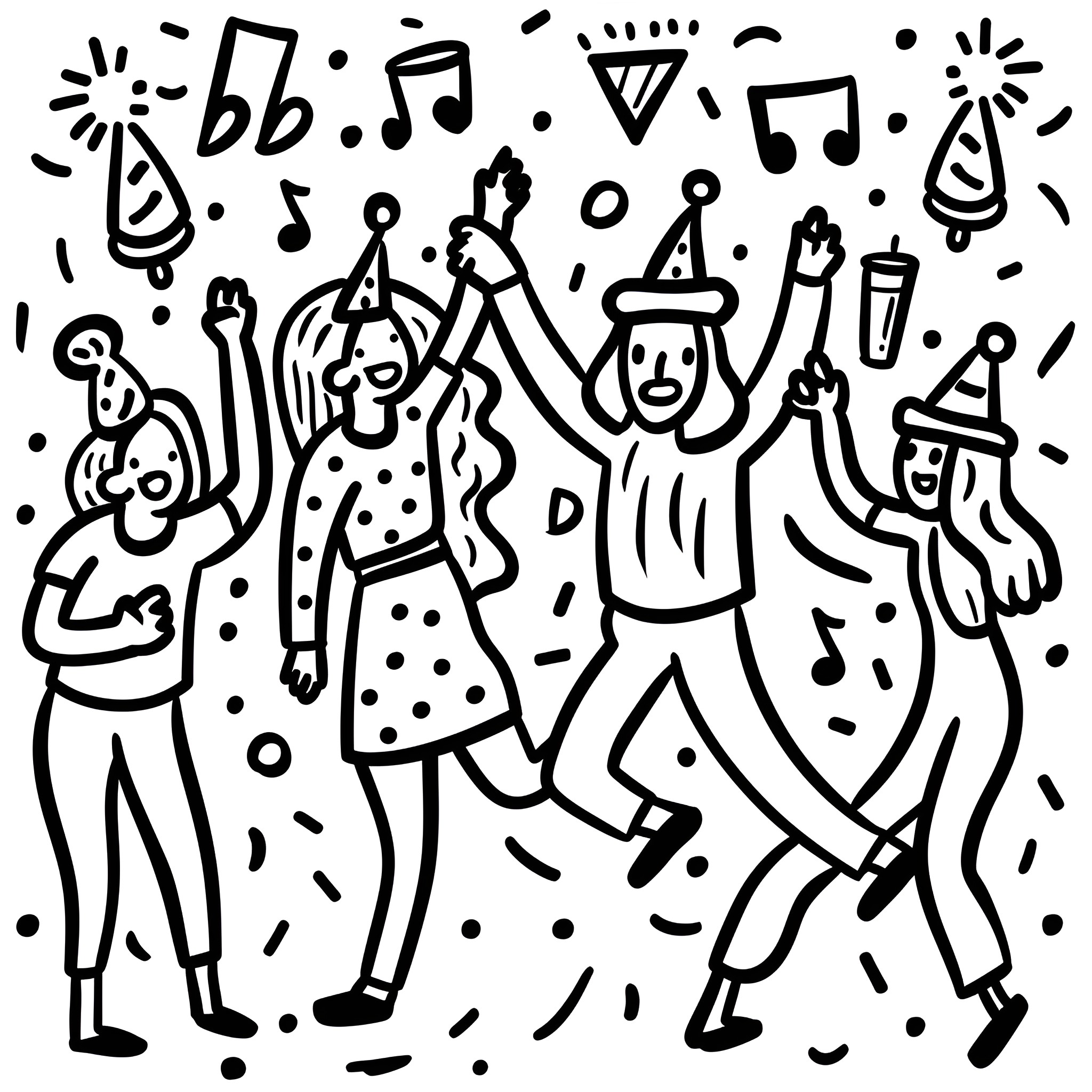 Happy Birthday party with music and dancing Drawing Idea (free black-and-white line drawing printable PDF for all, from beginners to advanced learners, including children, teens, adults, and seniors)