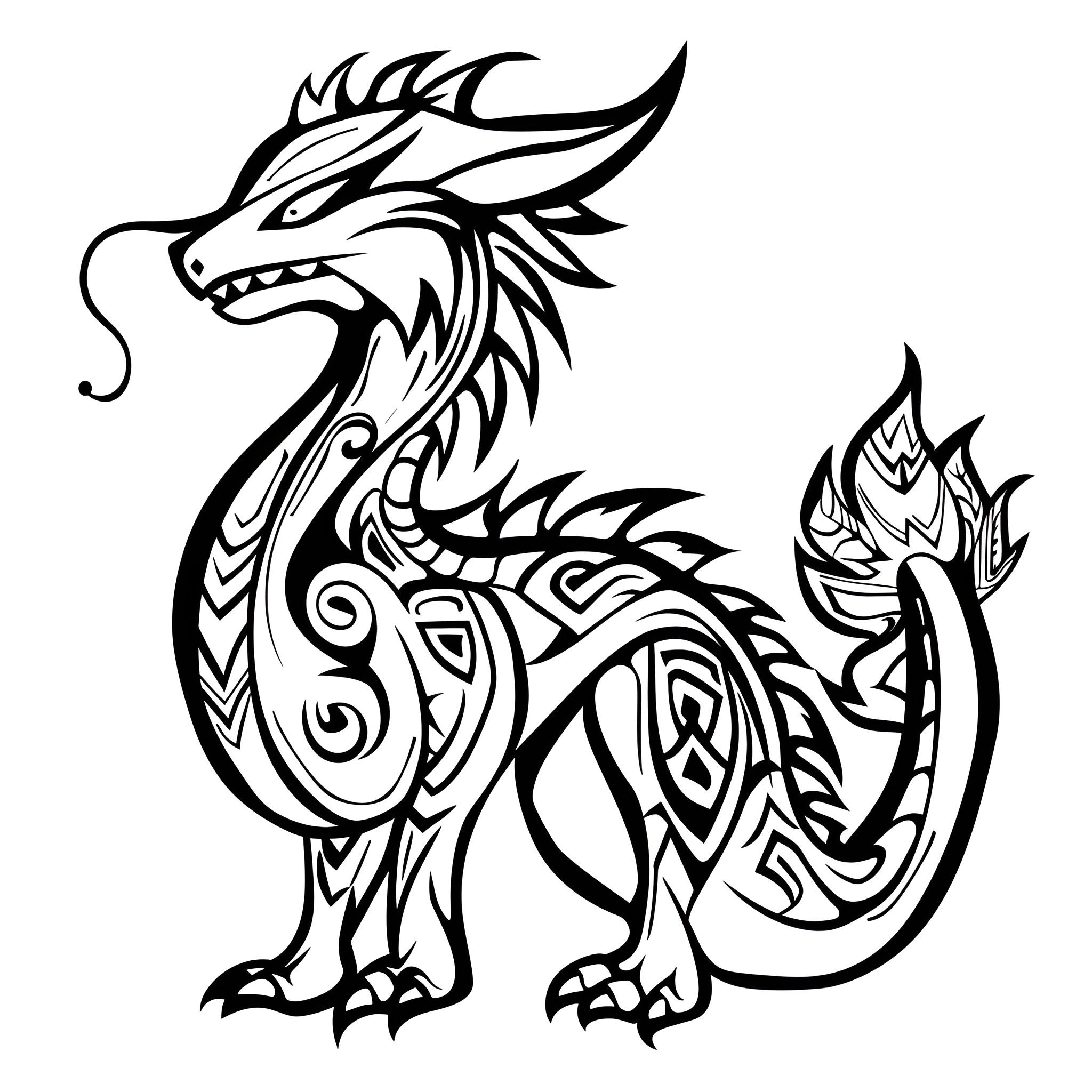 Dragon with Tribal Markings Drawing Idea (free black-and-white line drawing printable PDF for all, from beginners to advanced learners, including children, teens, adults, and seniors)