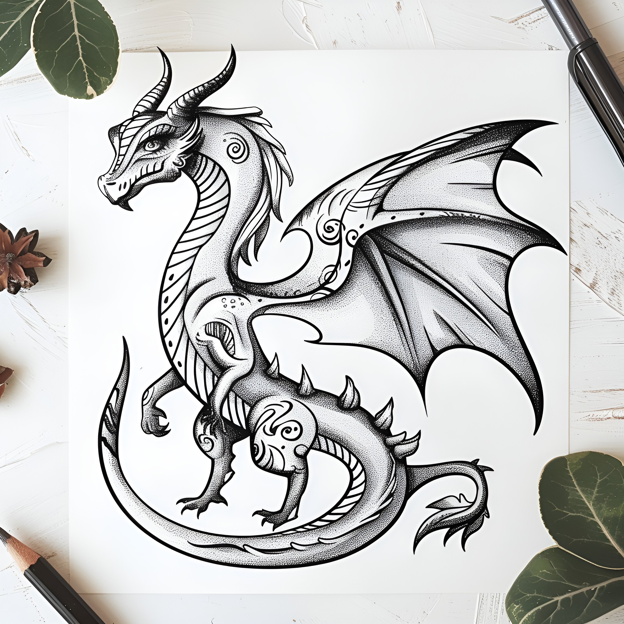 Dragon curled up in drawing Drawing Idea (free black-and-white line drawing printable PDF for all, from beginners to advanced learners, including children, teens, adults, and seniors)