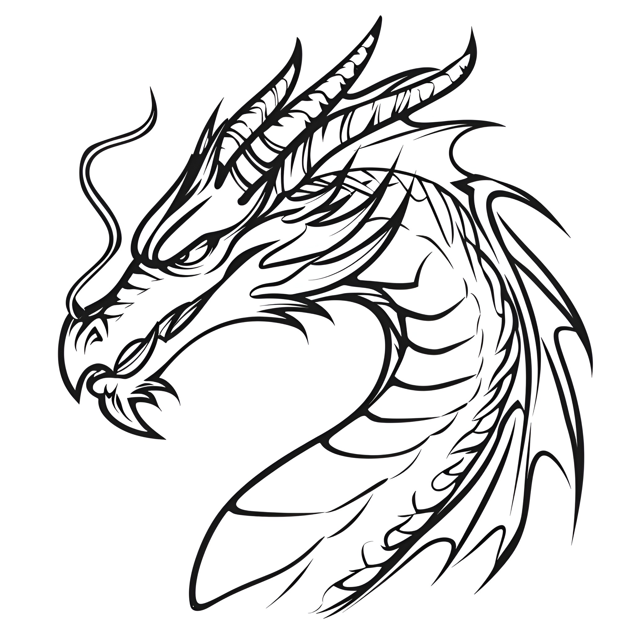 Dragon with fierce expression and ornate features Drawing Idea (free black-and-white line drawing printable PDF for all, from beginners to advanced learners, including children, teens, adults, and seniors)