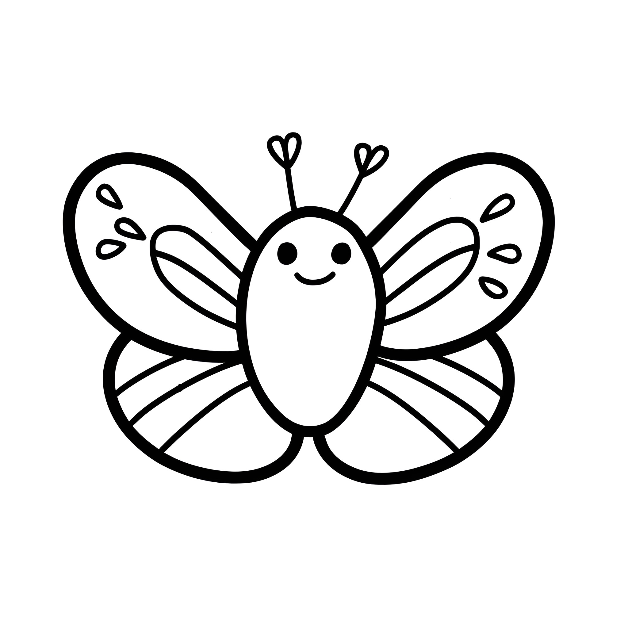 Butterfly with a Cheerful Expression Drawing Idea (free black-and-white line drawing printable PDF for all, from beginners to advanced learners, including children, teens, adults, and seniors)