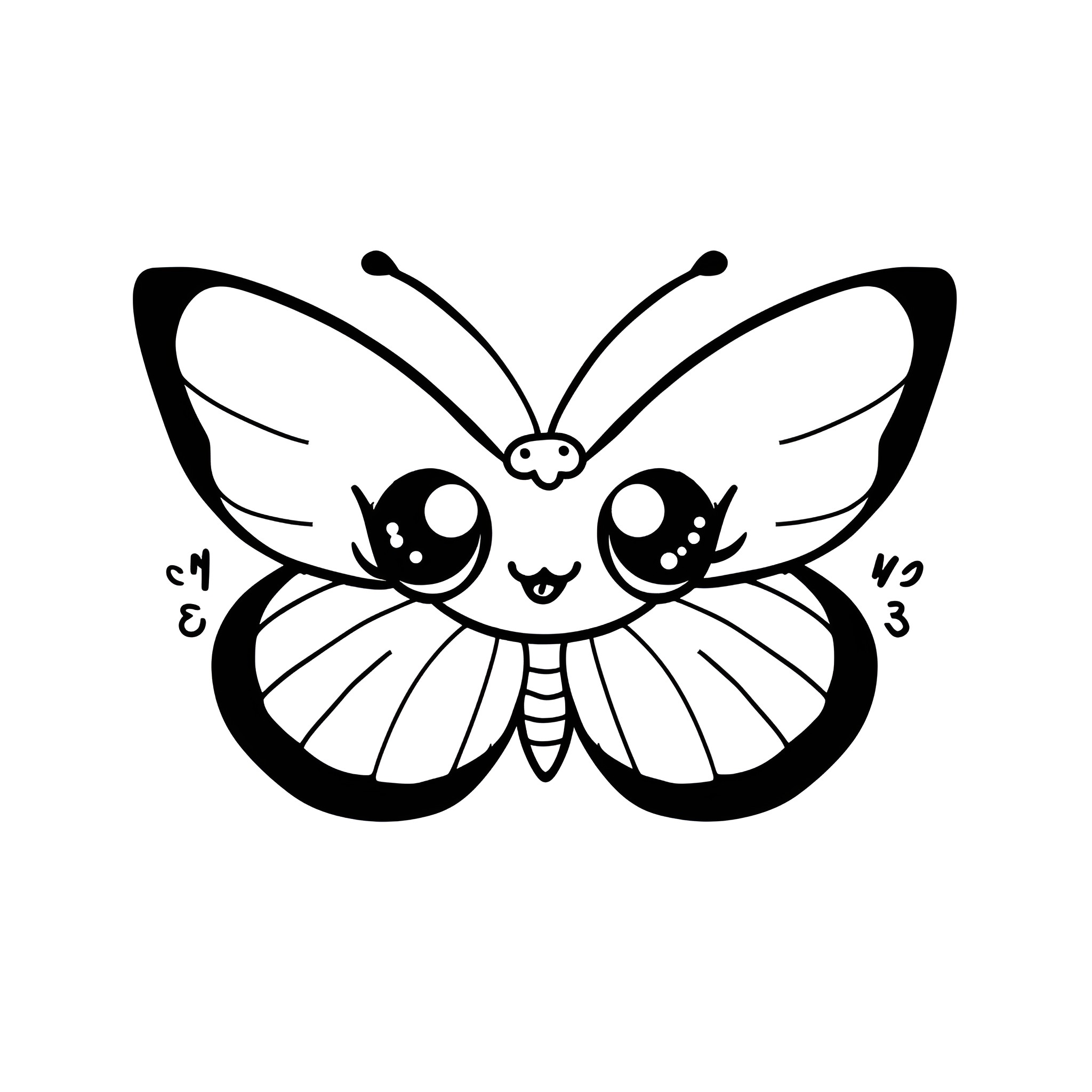 Butterfly with expressive face Drawing Idea (free black-and-white line drawing printable PDF for all, from beginners to advanced learners, including children, teens, adults, and seniors)